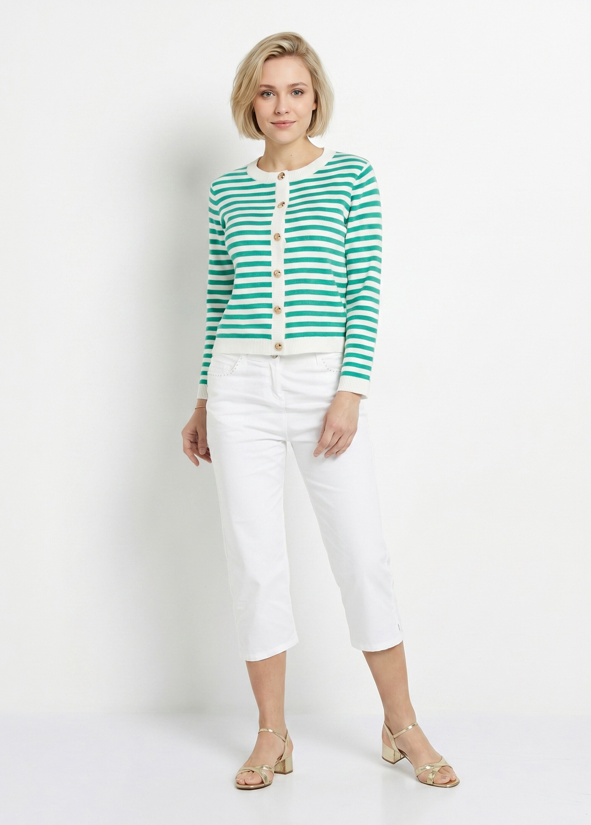 Gilet cardigan court col rond rayé boutonné Femme Vert MATHA SI1