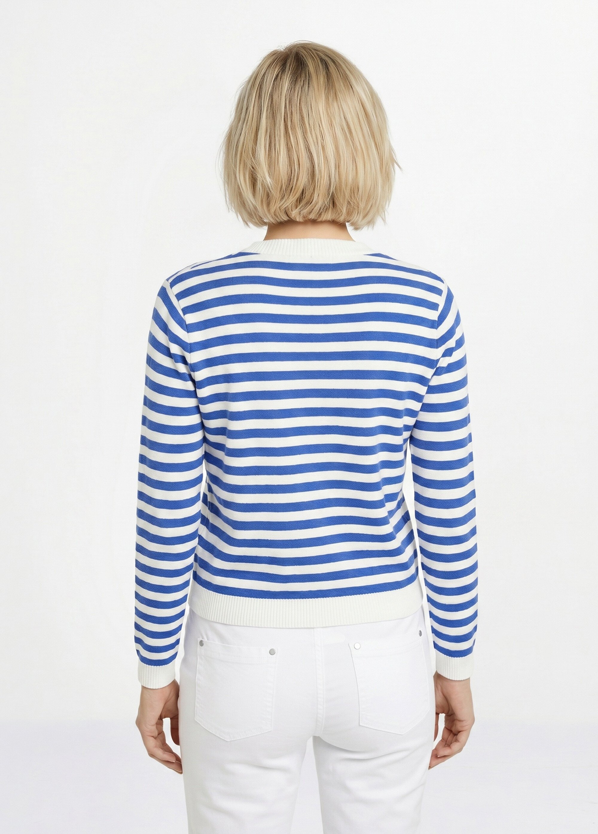 Gilet cardigan court col rond rayé boutonné