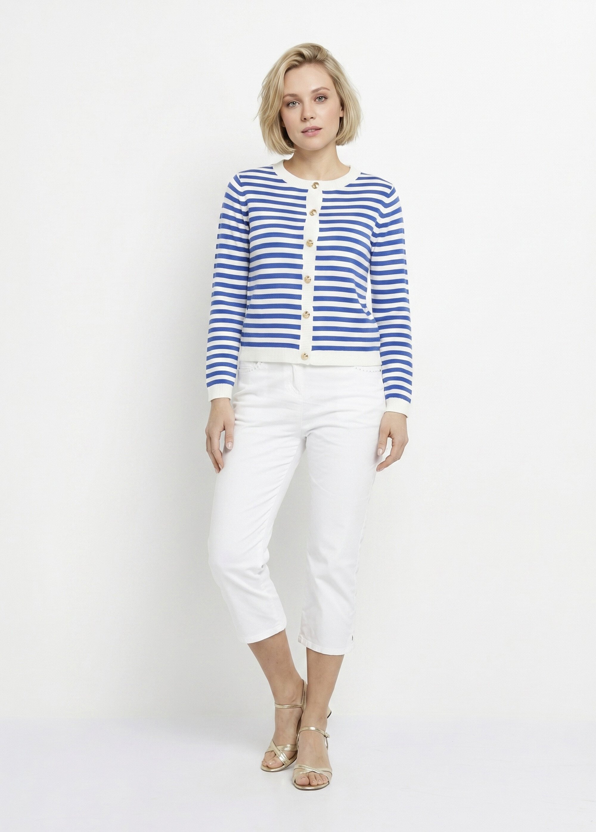 Gilet cardigan court col rond rayé boutonné Femme Bleu MATHA SI1