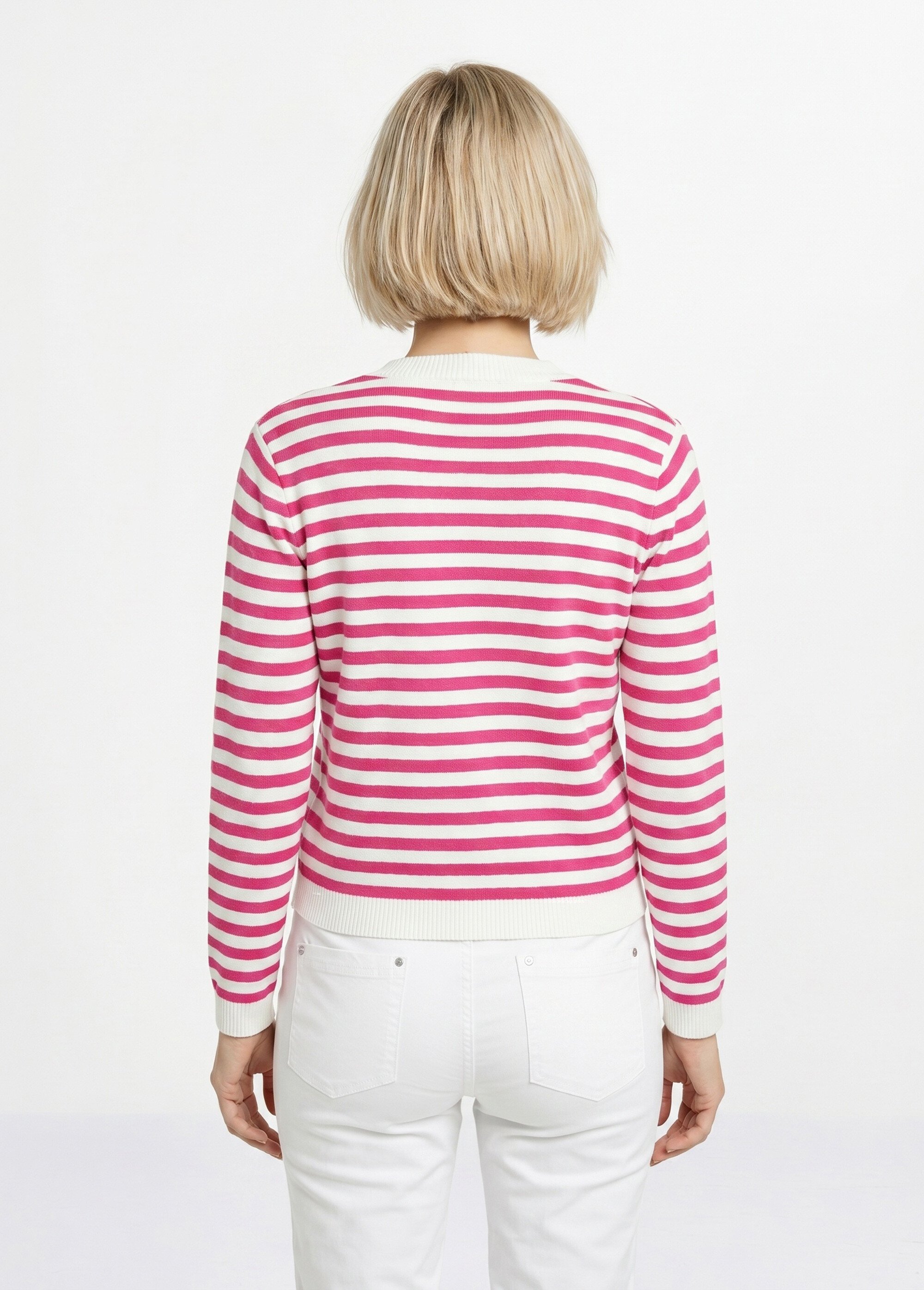 Gilet cardigan court col rond rayé boutonné