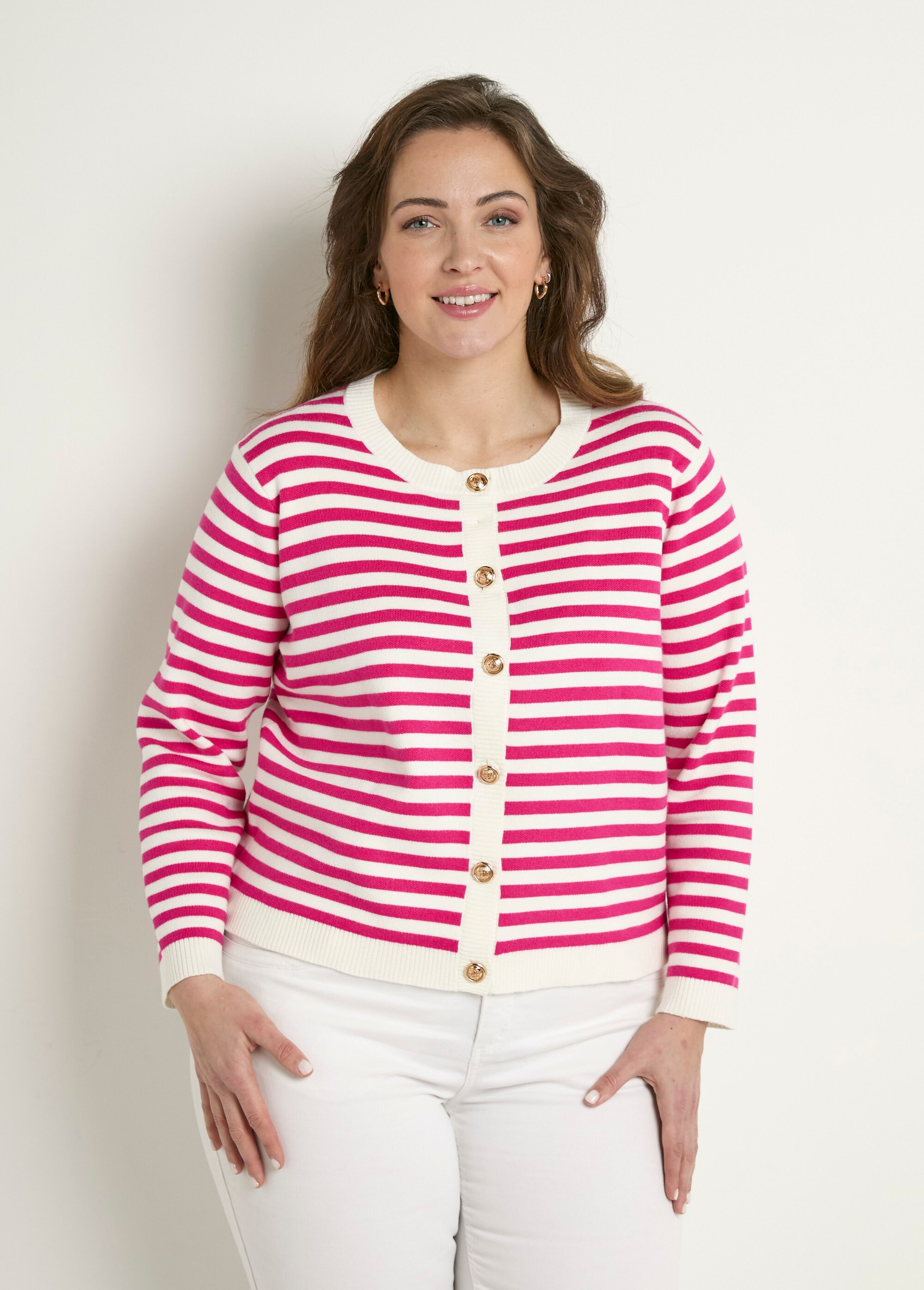 Gilet cardigan court col rond rayé boutonné
