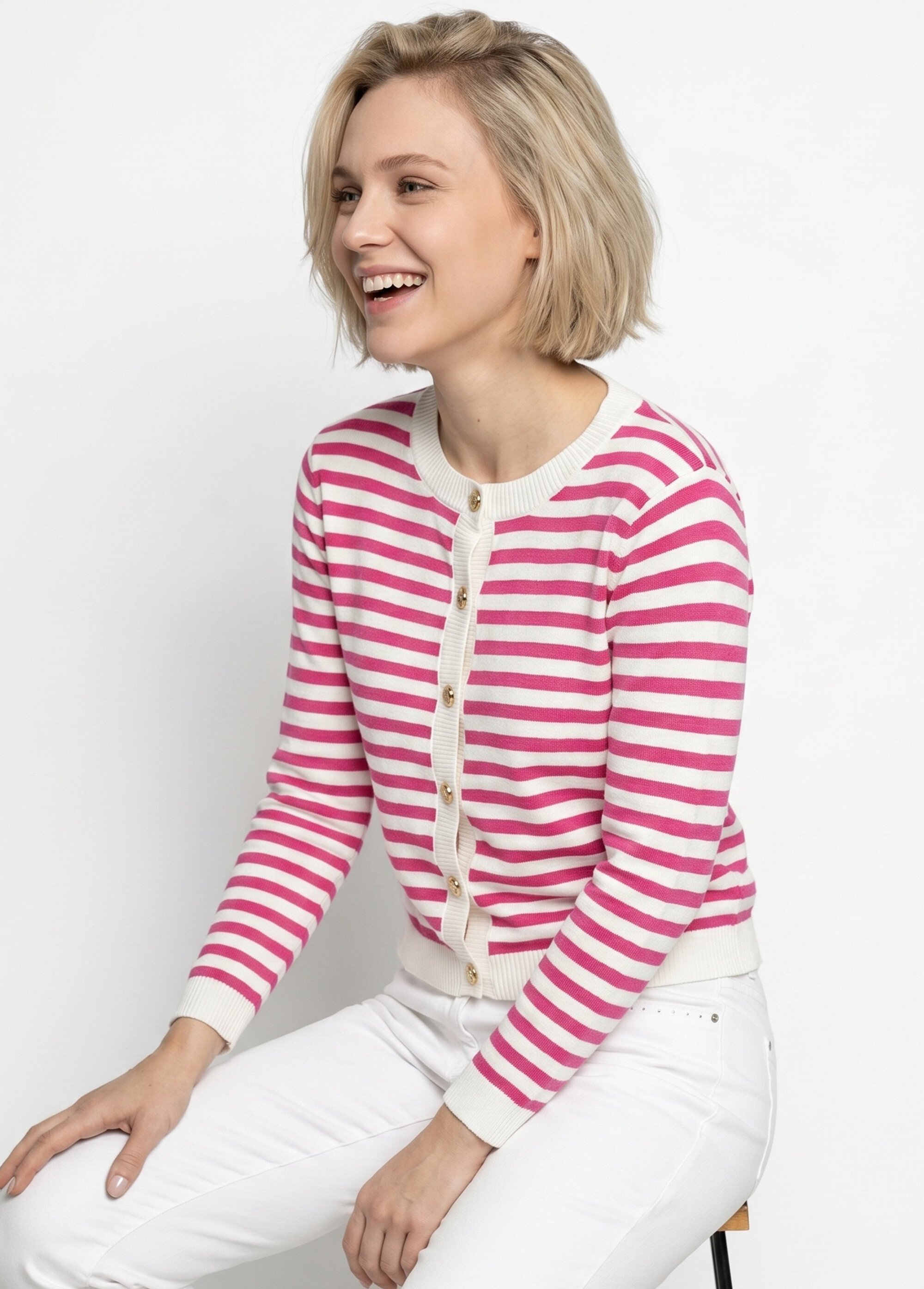 Gilet cardigan court col rond rayé boutonné Femme Rose MATHA MV1