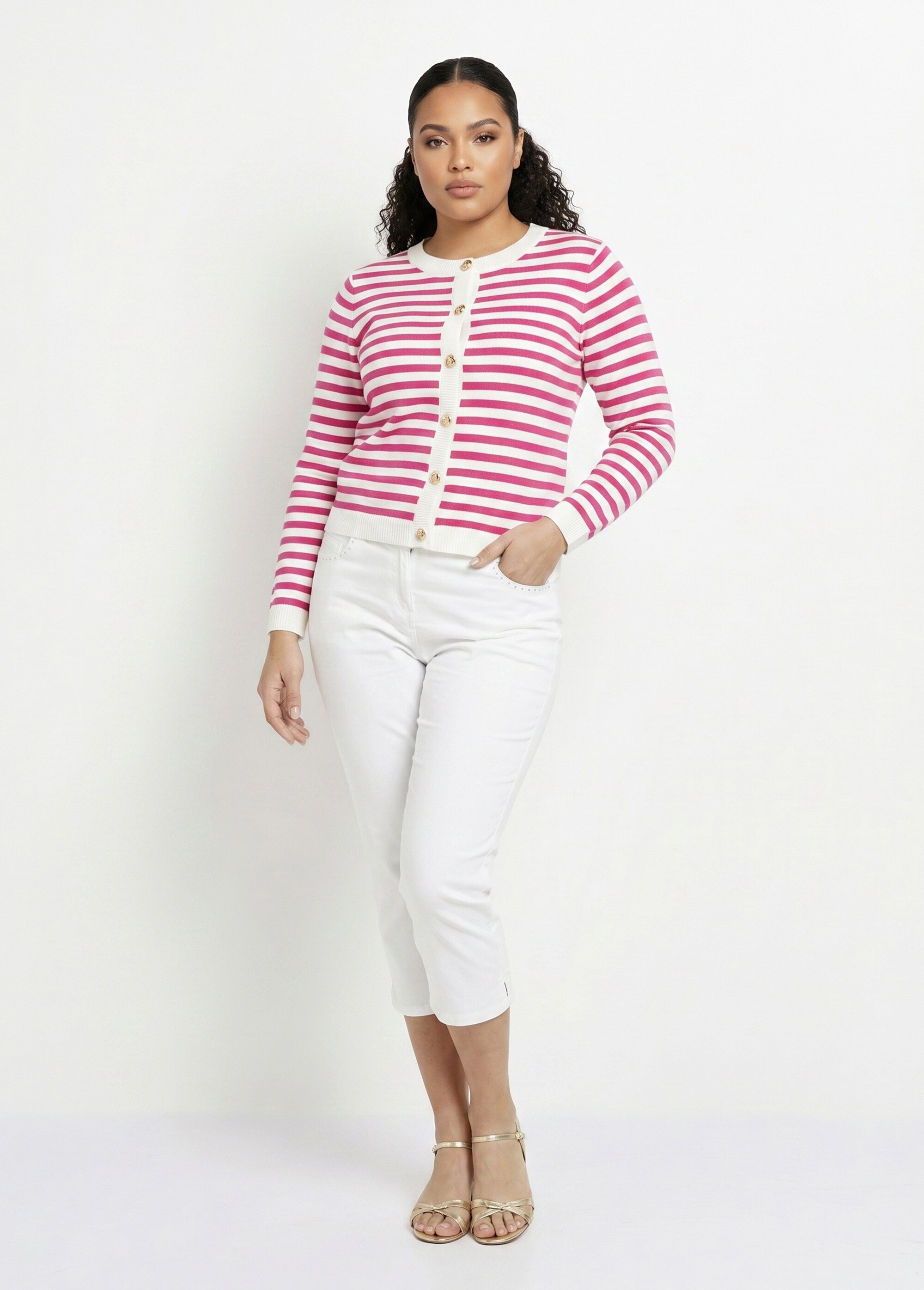 Gilet cardigan court col rond rayé boutonné Femme Grande Taille Rose MATHA SI1
