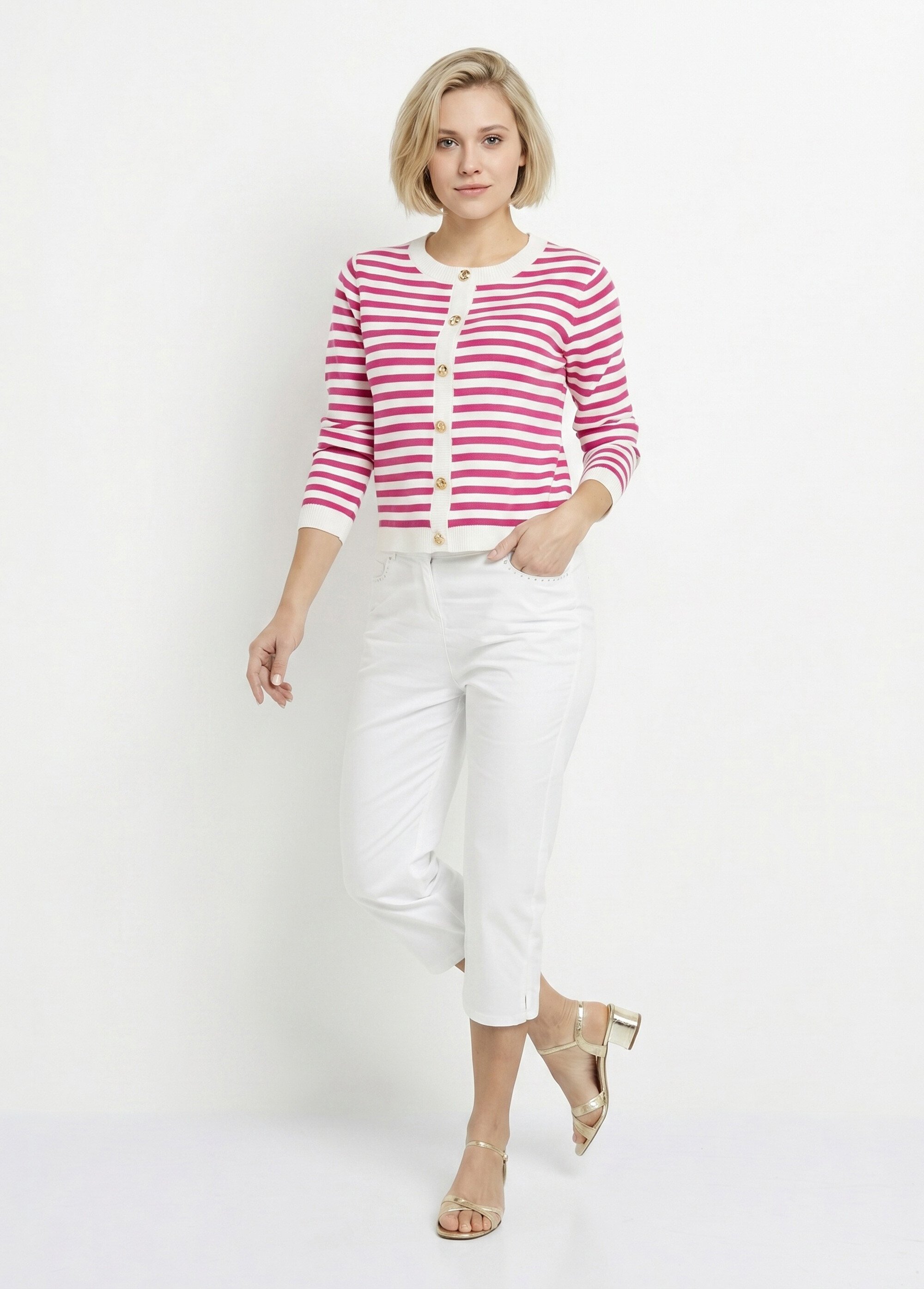 Gilet cardigan court col rond rayé boutonné Femme Rose MATHA SI1