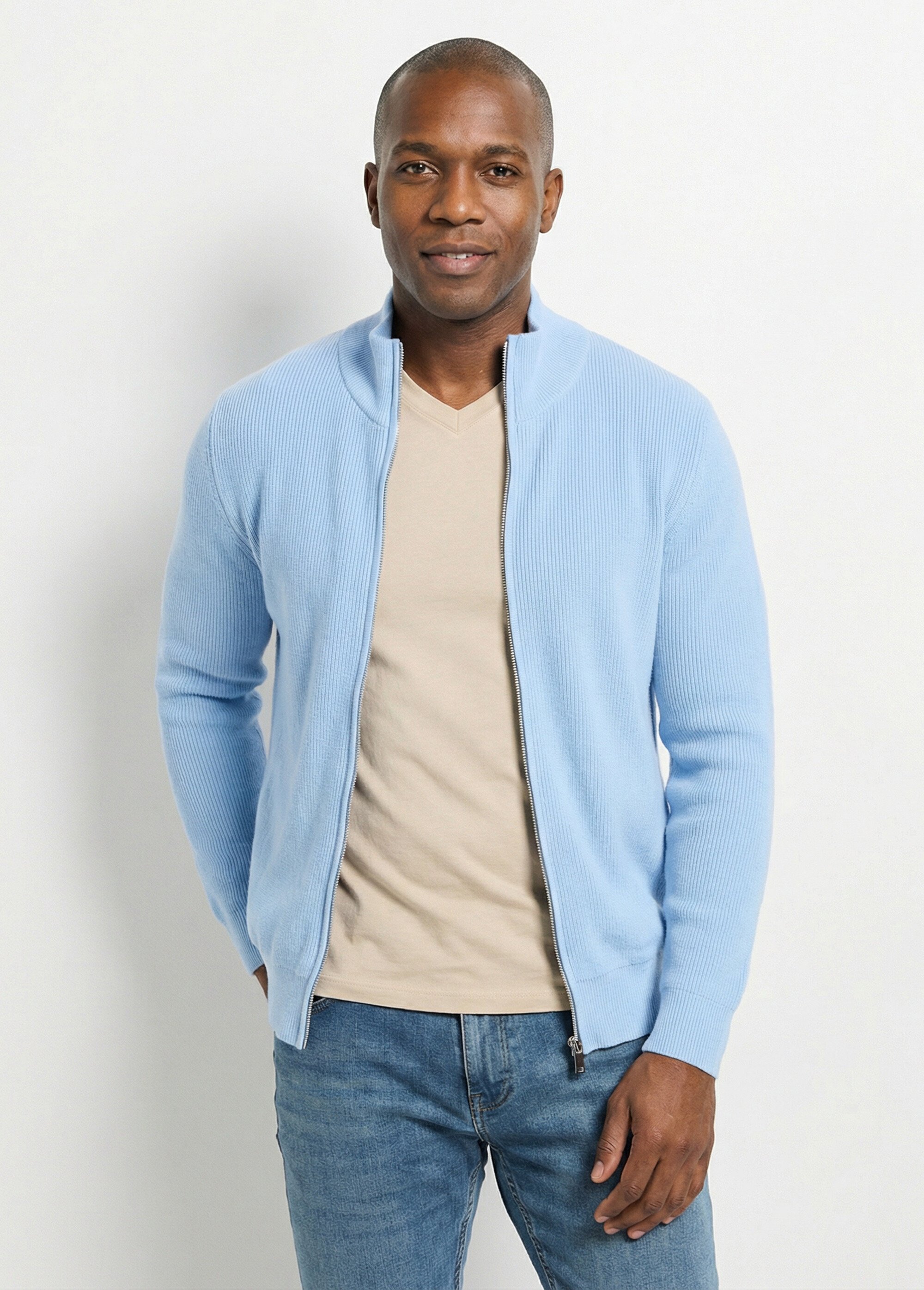 Gilet zippé en maille avec col montant Homme BLEU CIEL FRI24913DZ FA1