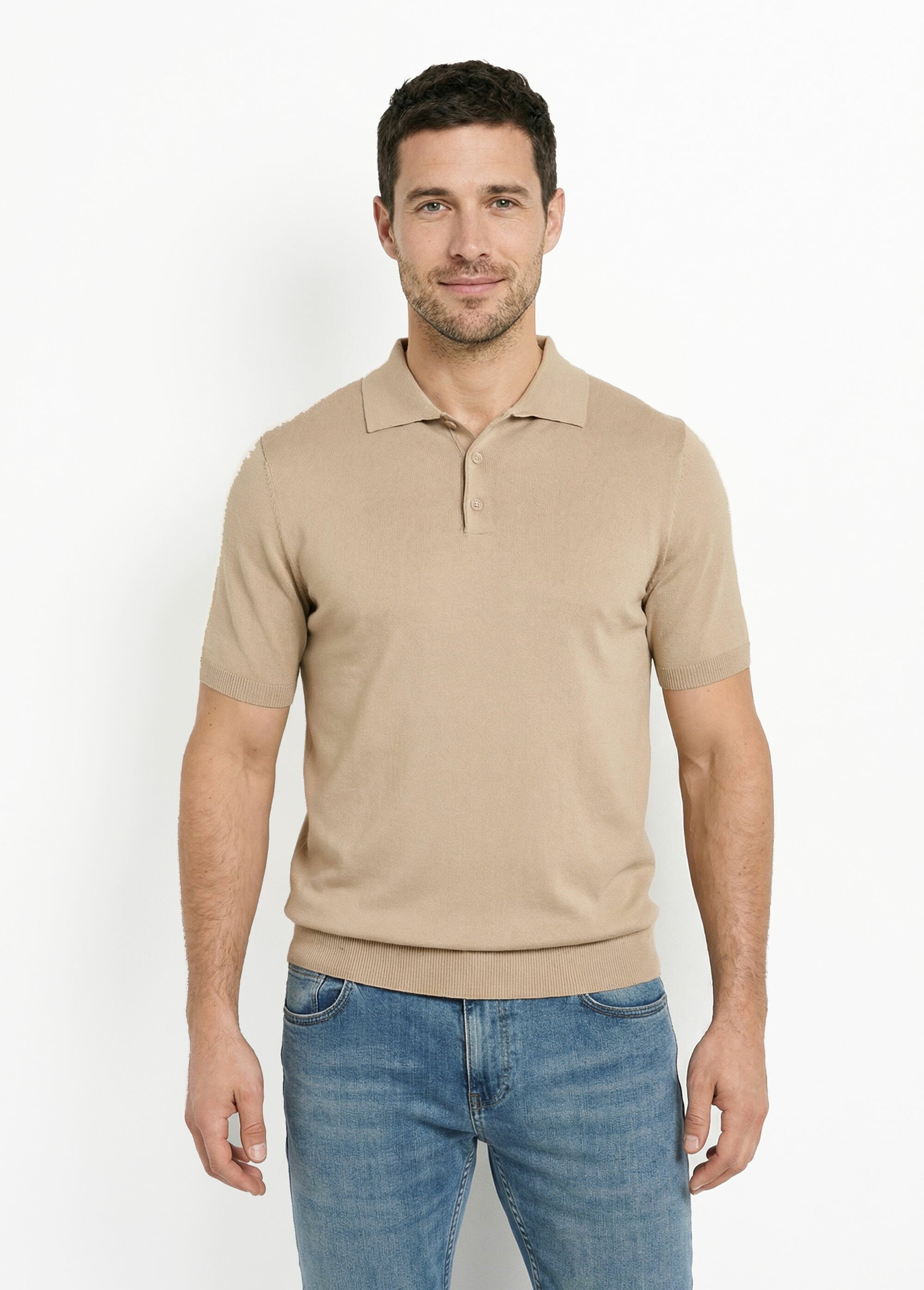 Polo en maille fine, manches courtes Beige LYS689 FA1