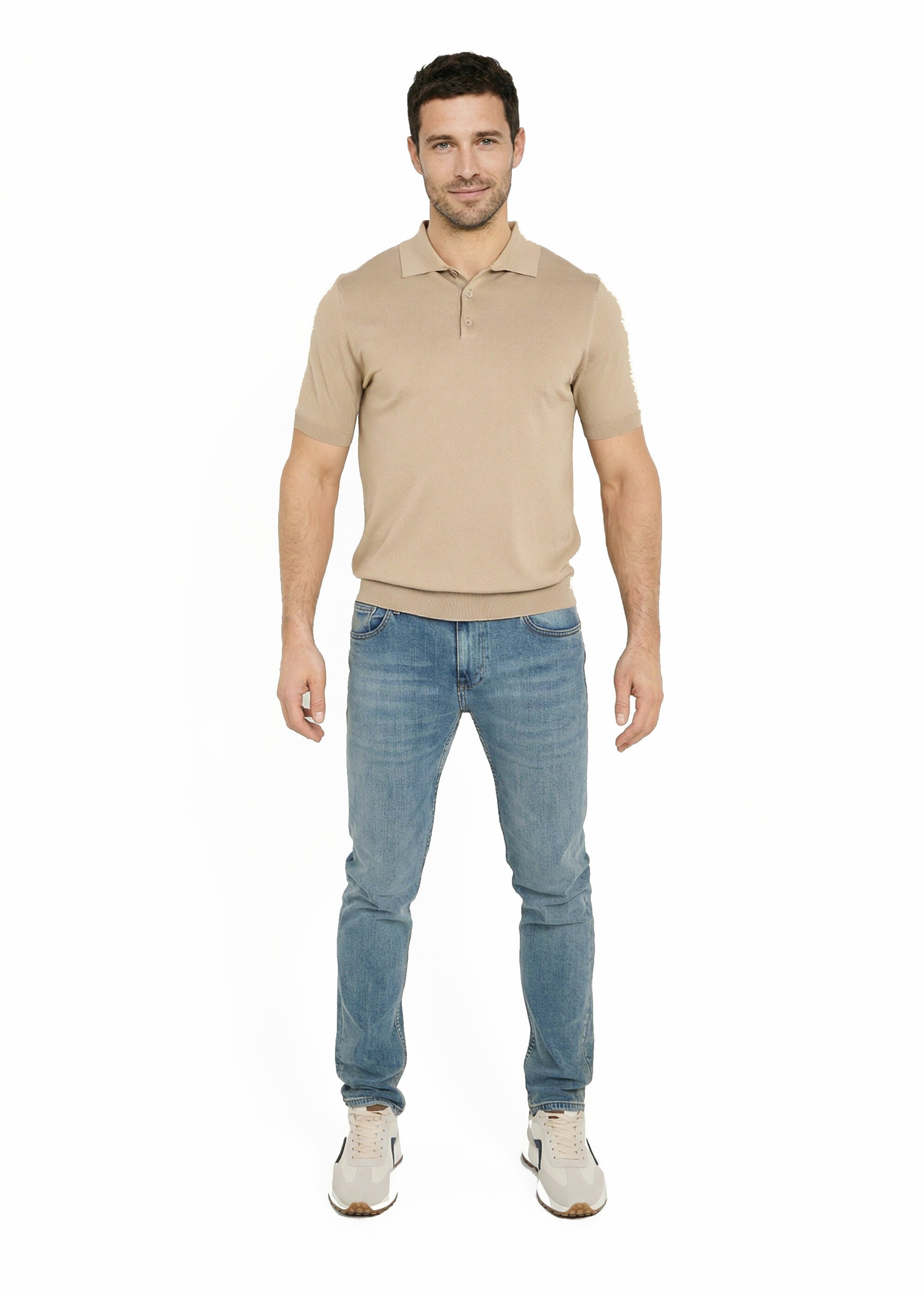 Polo en maille fine, manches courtes Beige LYS689 SF1
