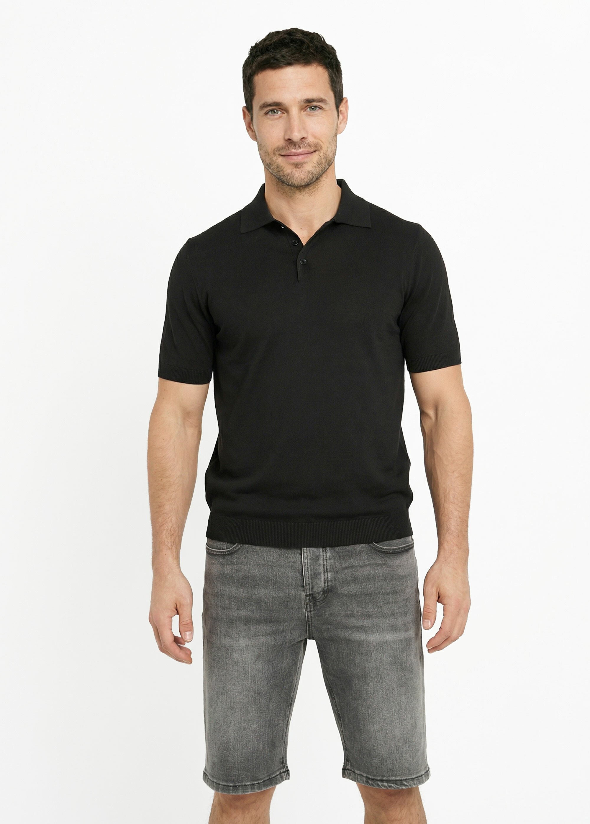 Polo en maille fine, manches courtes Noir LYS689 FA1