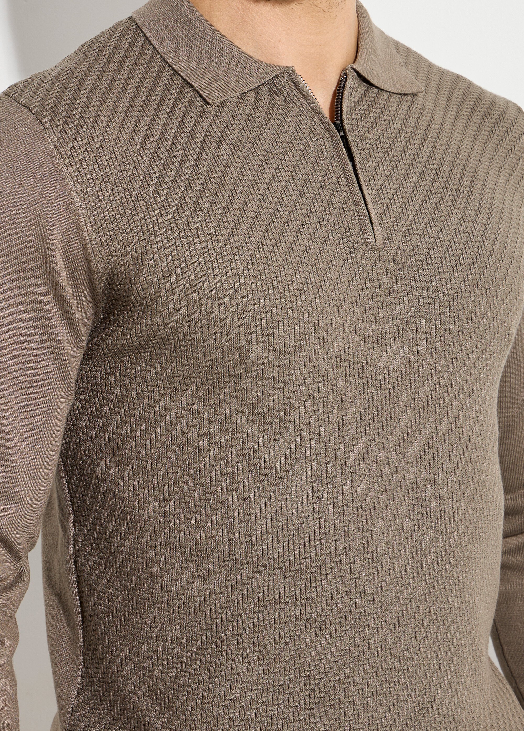 Pull col polo zippé, maille chevrons Homme VERT SAUGE FRIM659 DE1