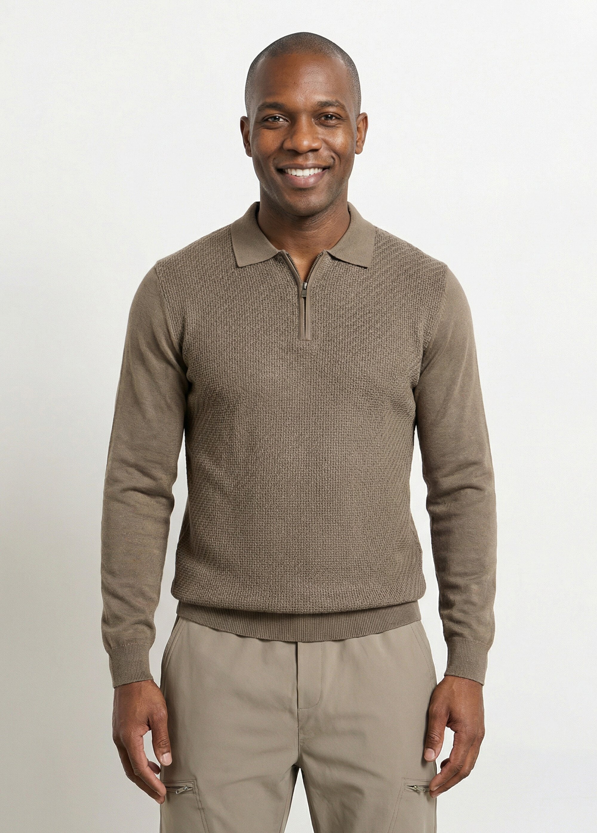 Pull col polo zippé, maille chevrons Homme VERT SAUGE FRIM659 FA1