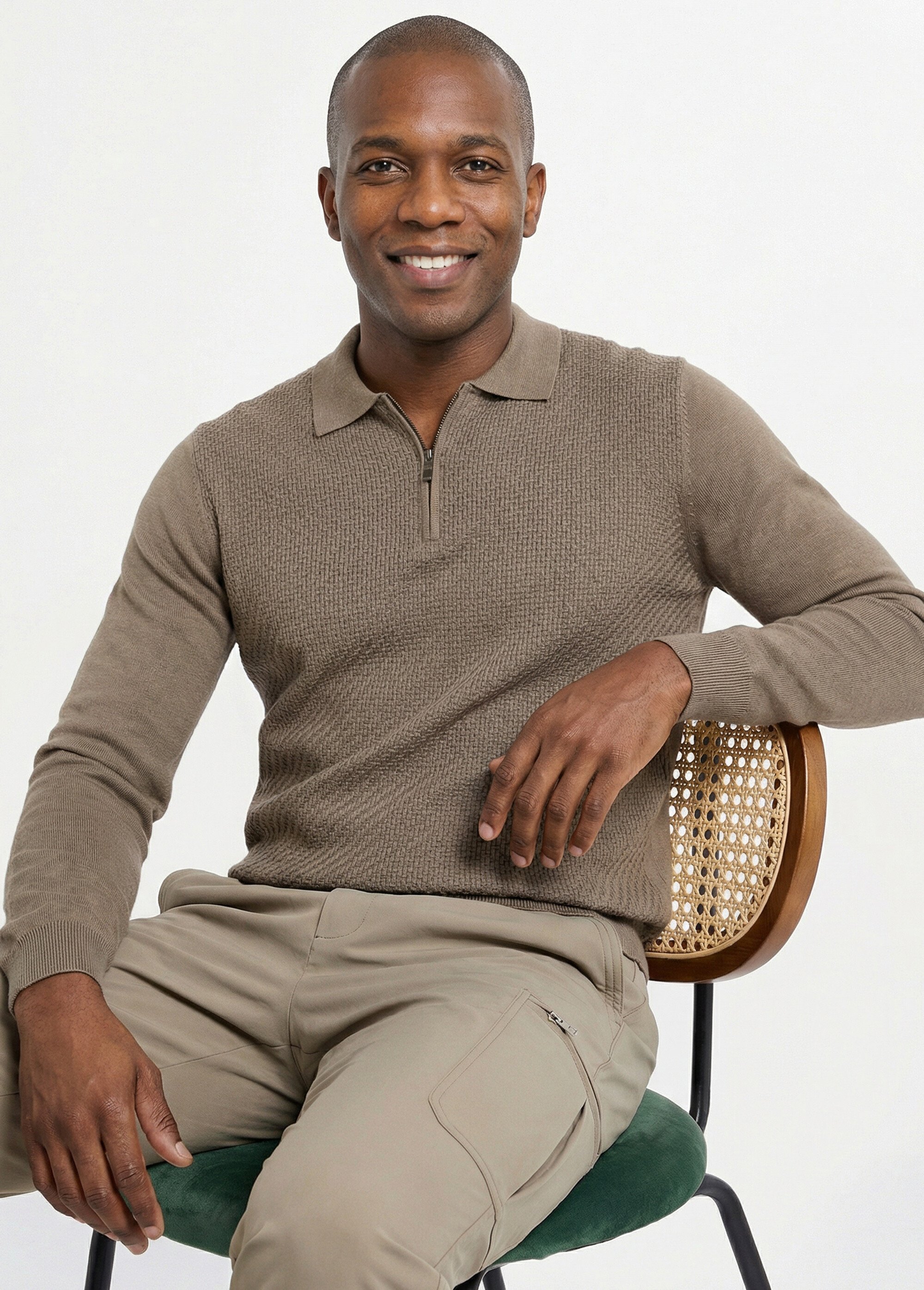 Pull col polo zippé, maille chevrons Homme VERT SAUGE FRIM659 MV1