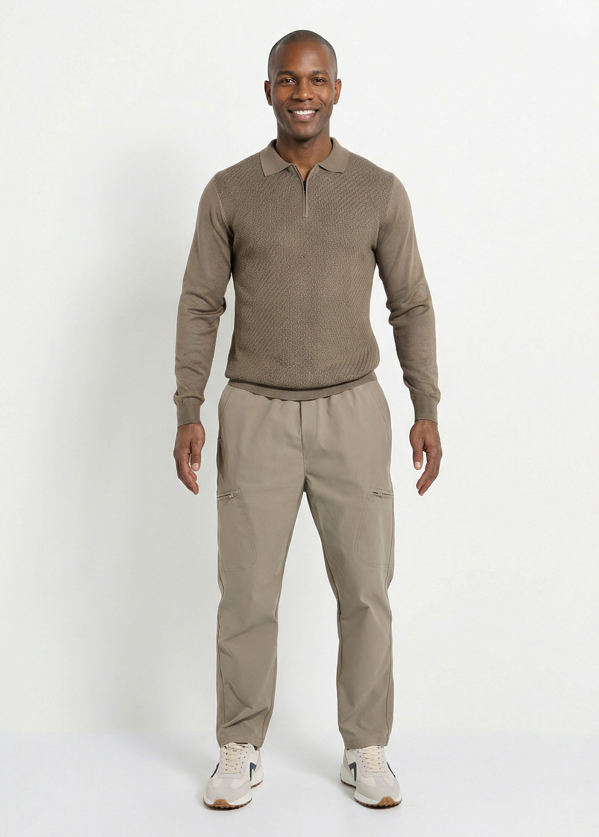 Pull col polo zippé, maille chevrons Homme VERT SAUGE FRIM659 SF1