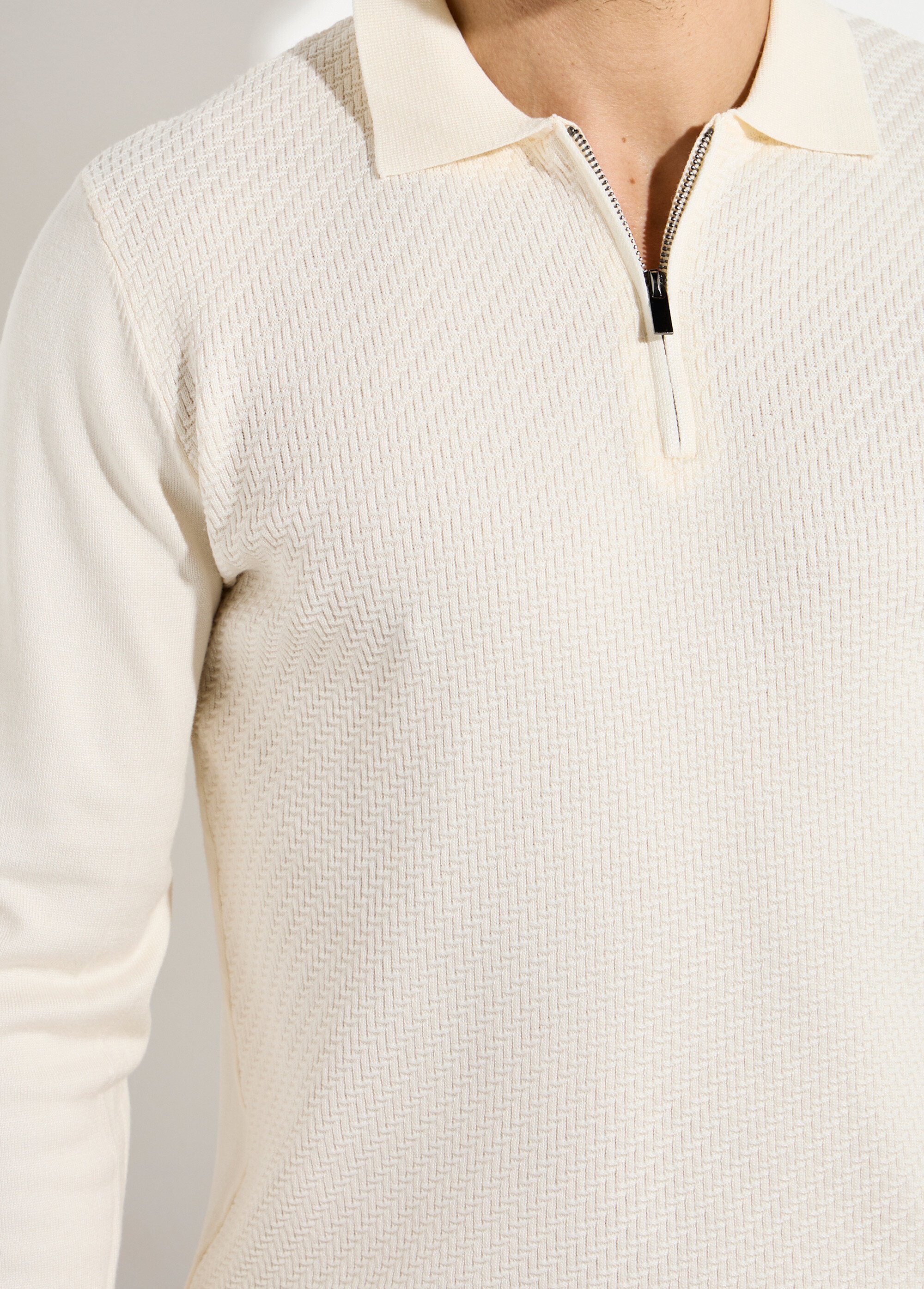 Pull col polo zippé, maille chevrons