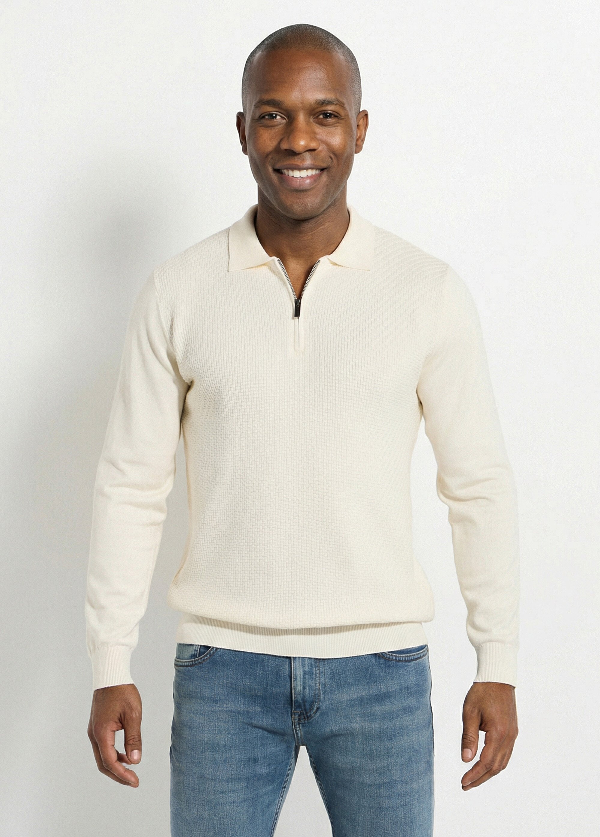 Pull col polo zippé, maille chevrons Homme Blanc FRIM659 FA1