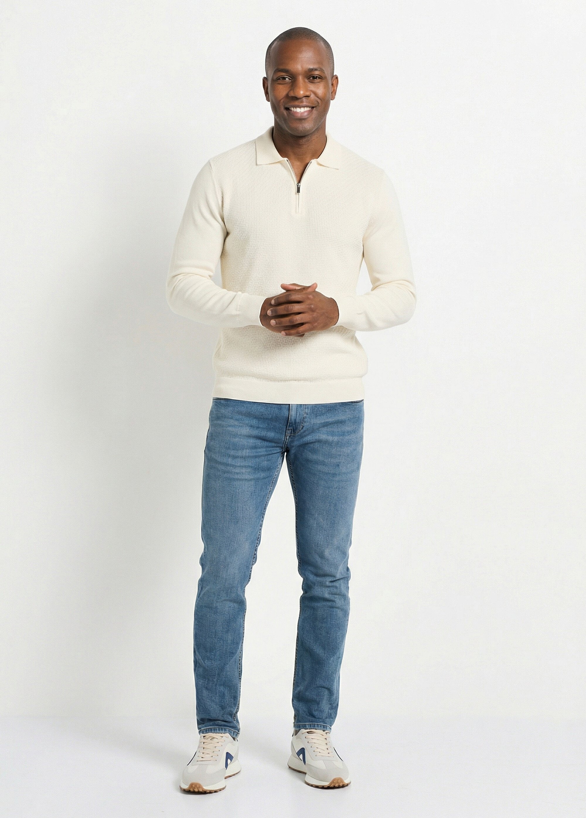 Pull col polo zippé, maille chevrons Homme Blanc FRIM659 SF1