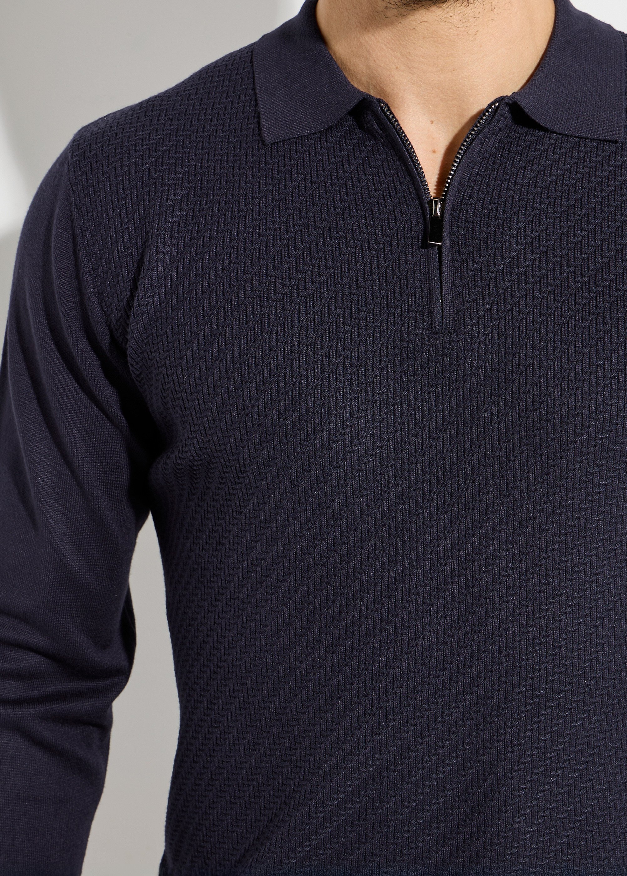 Pull col polo zippé, maille chevrons Homme Bleu FRIM659 DE1
