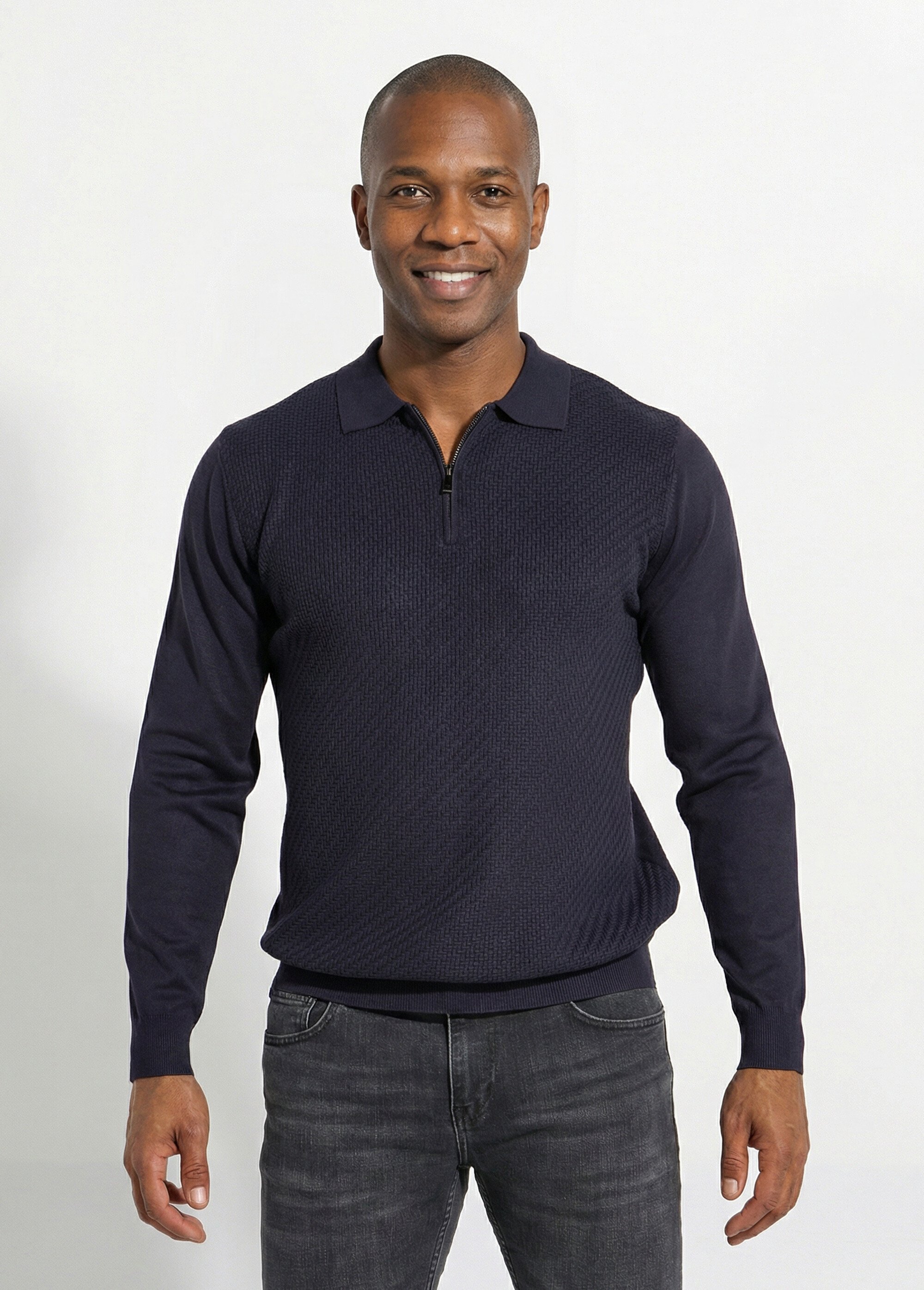Pull col polo zippé, maille chevrons Homme Bleu FRIM659 FA1