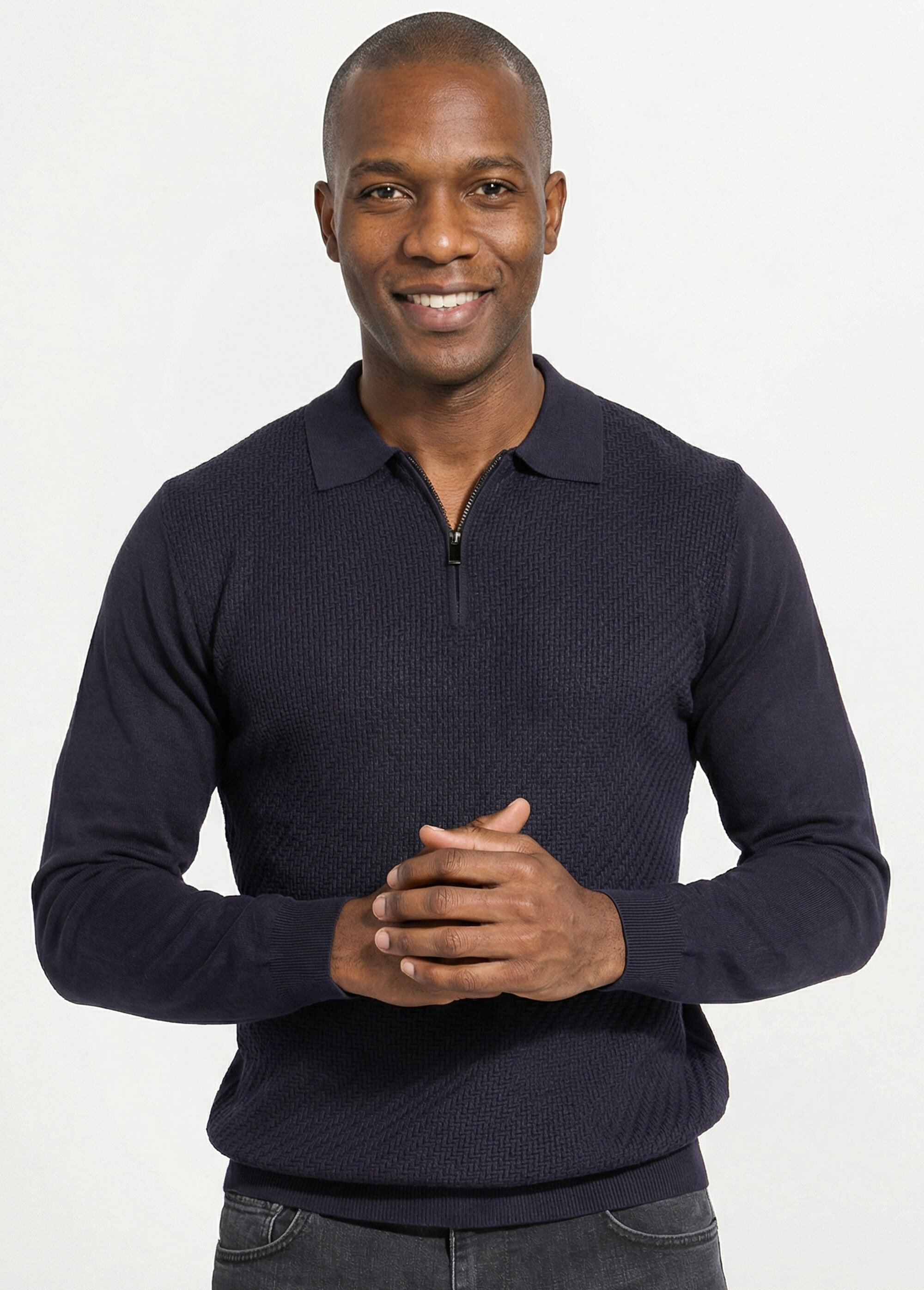 Pull col polo zippé, maille chevrons