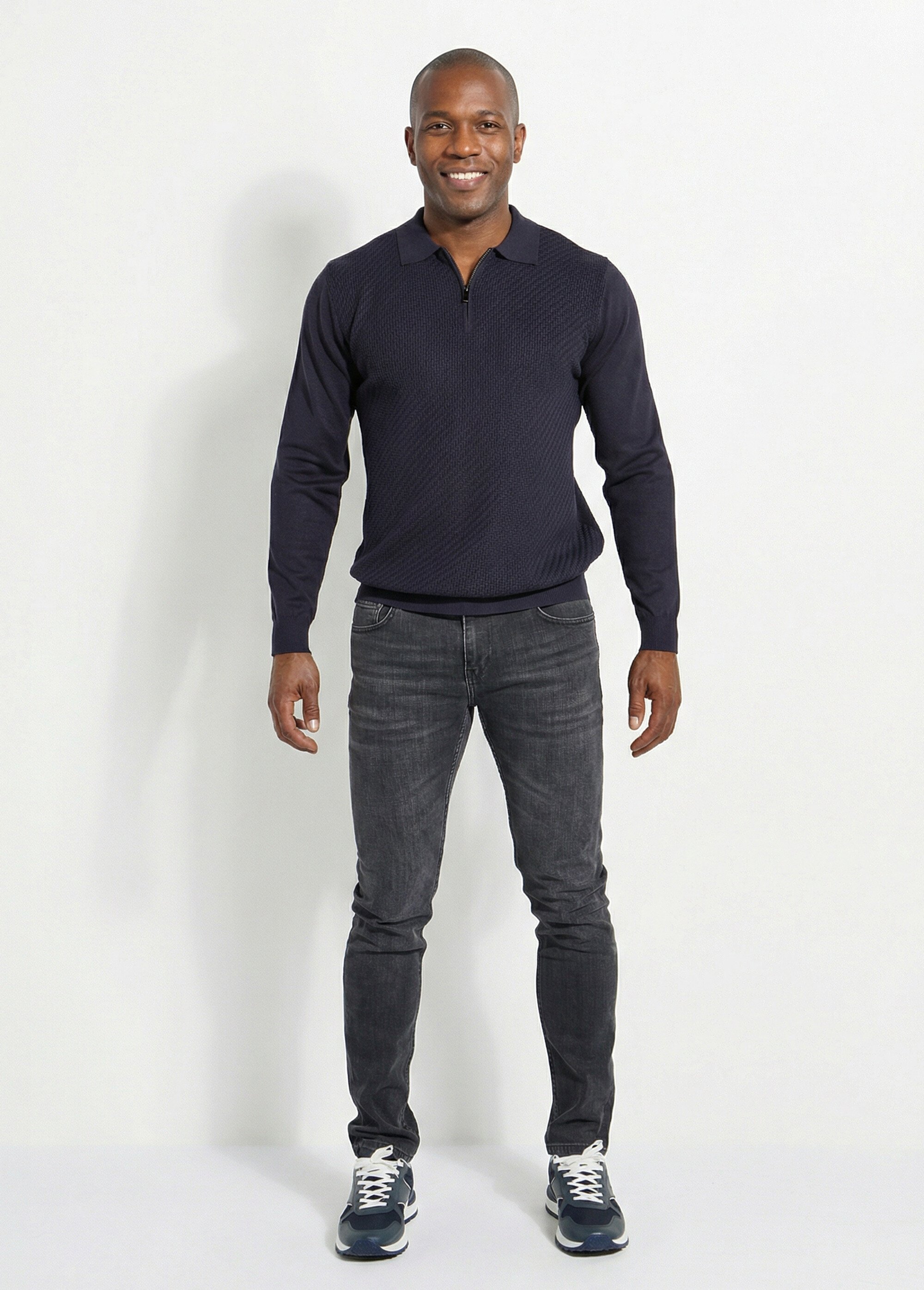 Pull col polo zippé, maille chevrons Homme Bleu FRIM659 SF1