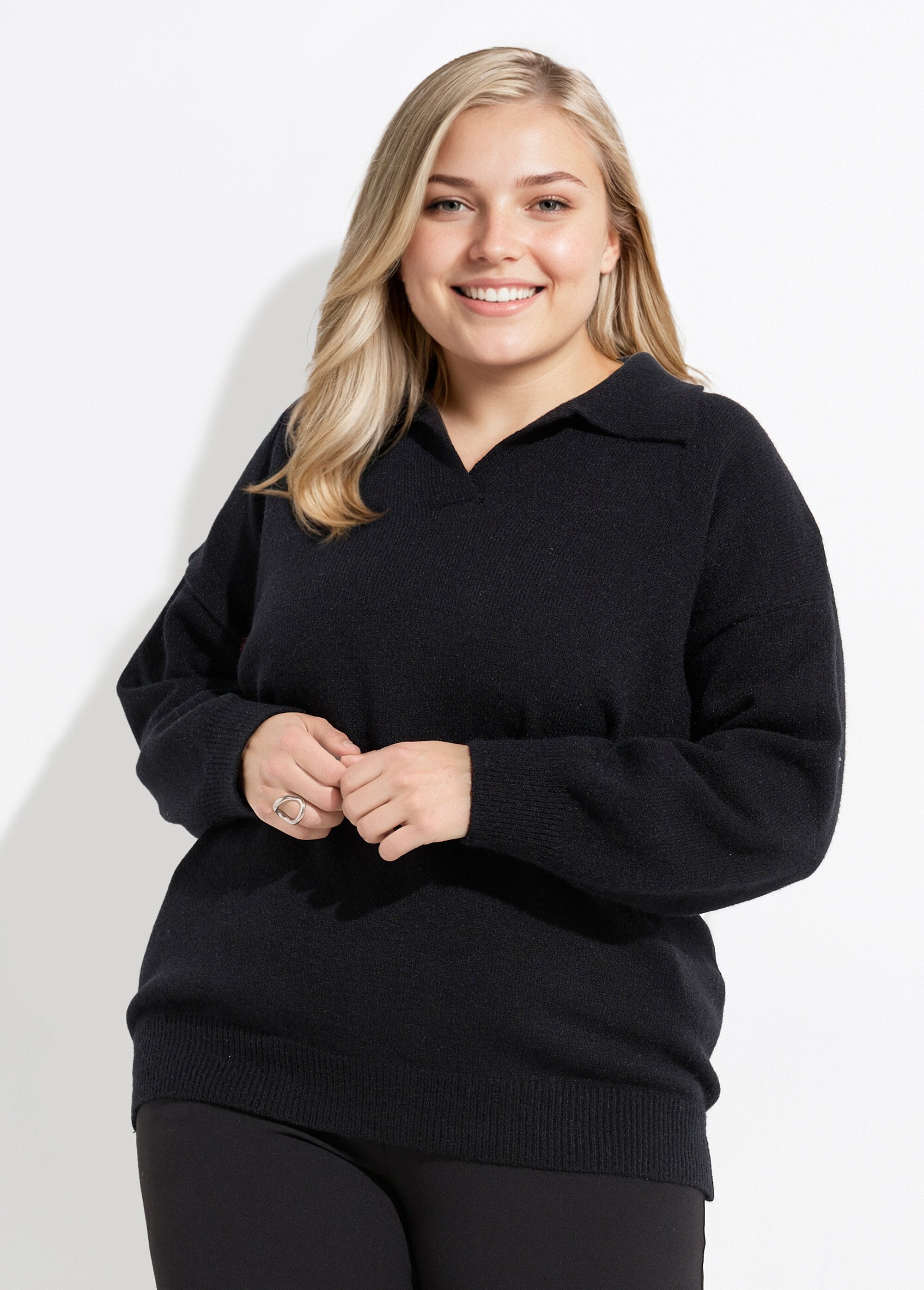 Pull en maille col polo, coupe confort Femme Grande Taille Noir CHY-H585387 FA1
