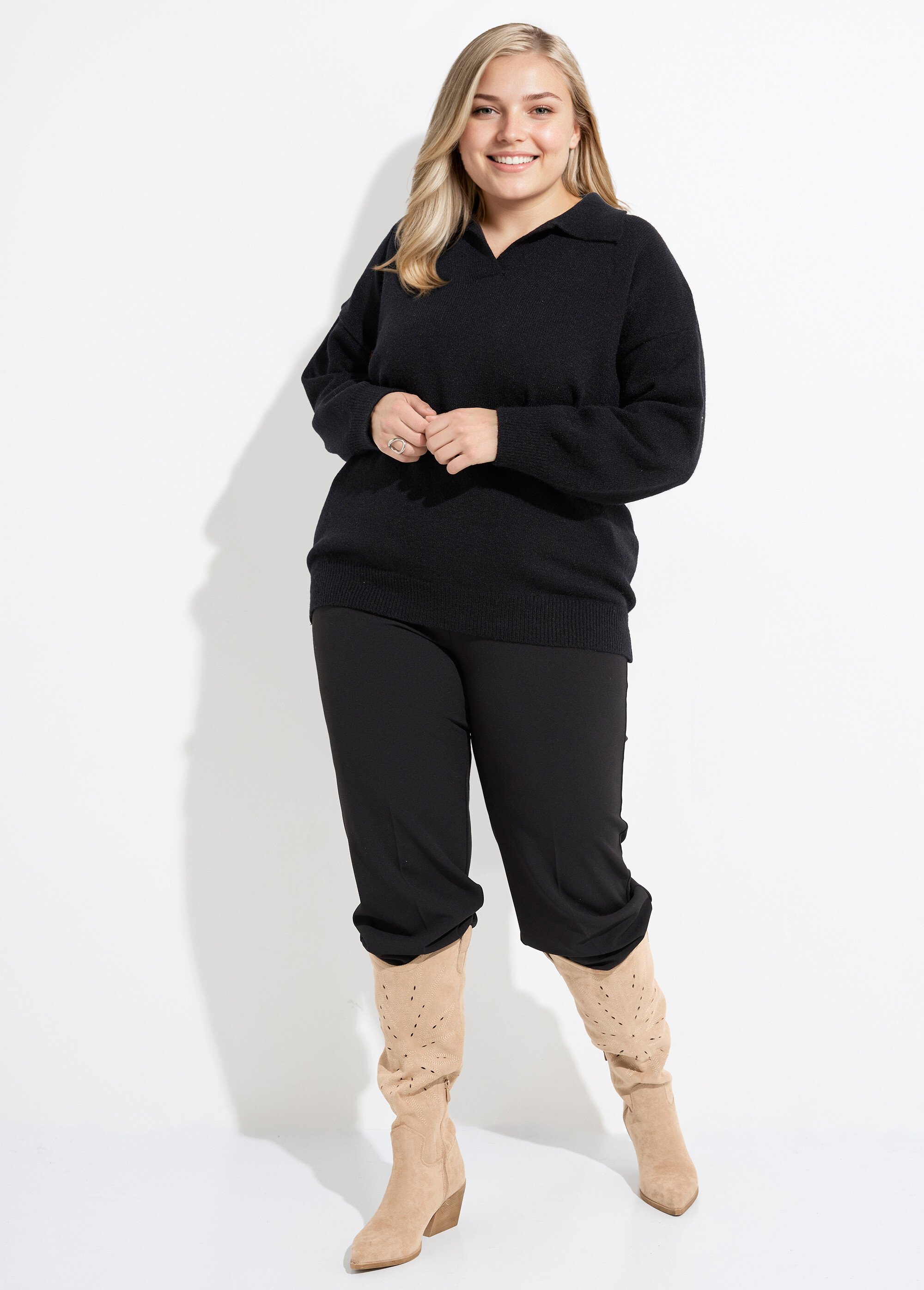 Pull en maille col polo, coupe confort Femme Grande Taille Noir CHY-H585387 SF1