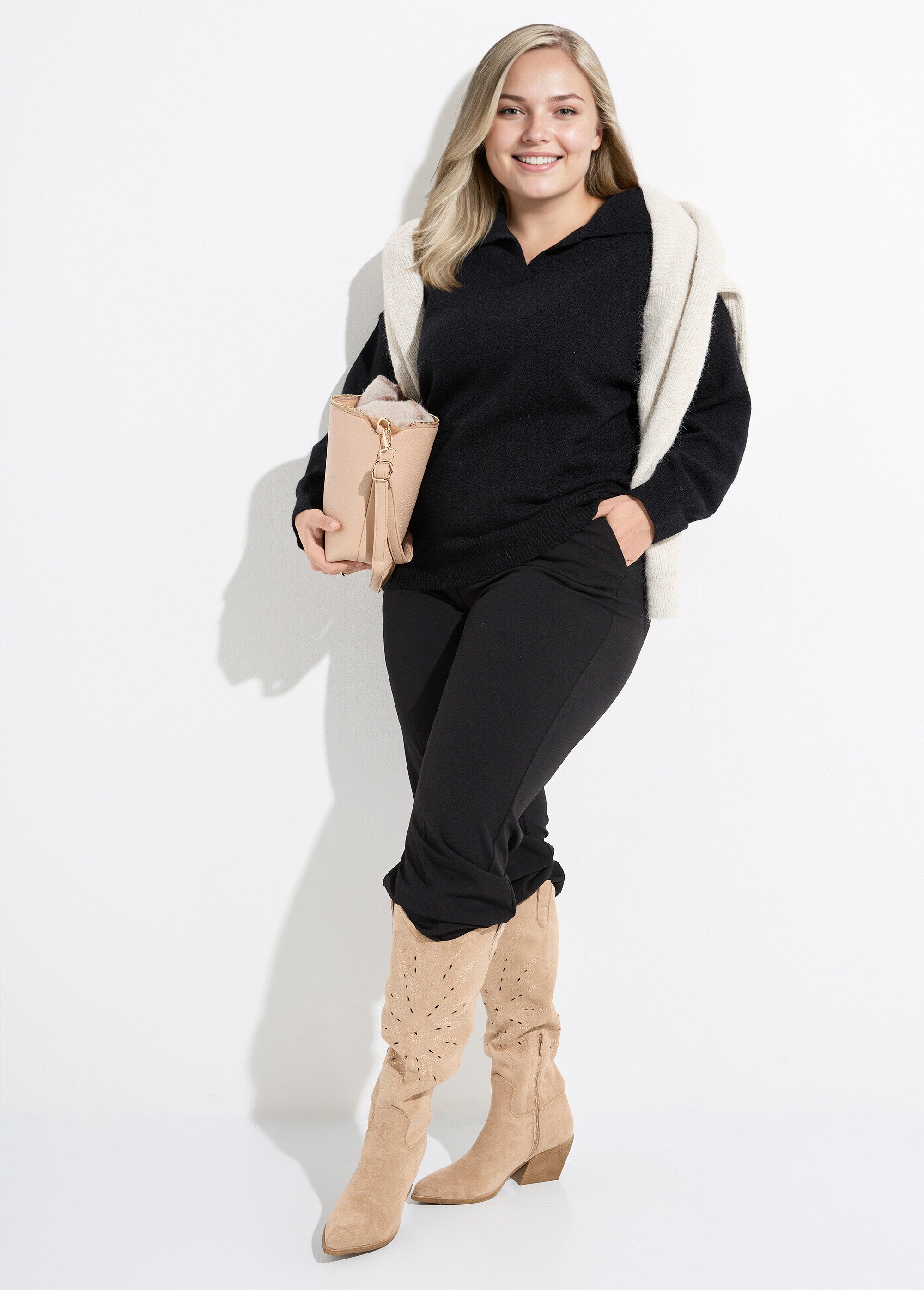 Pull en maille col polo, coupe confort Femme Grande Taille Noir CHY-H585387 SI1