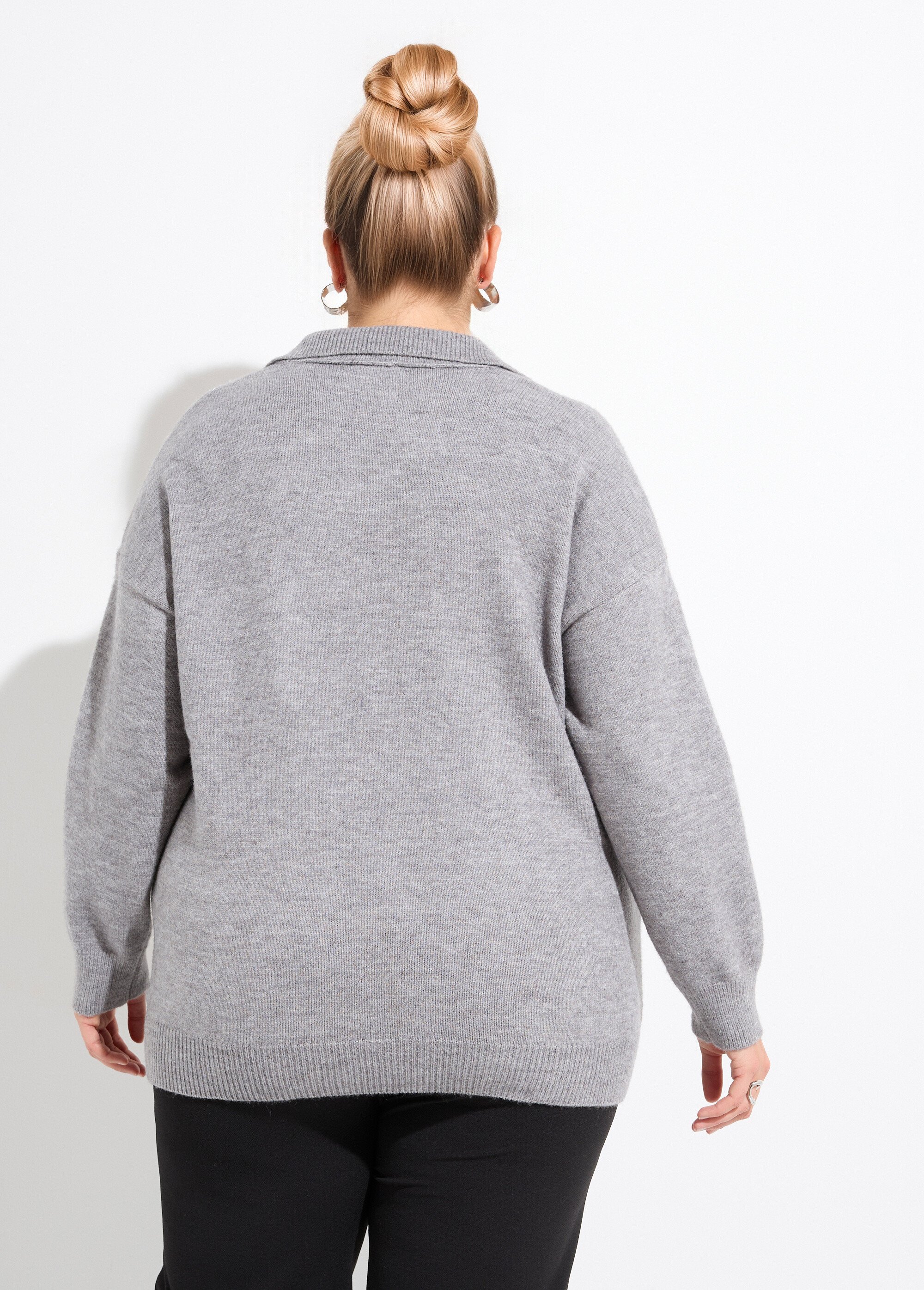 Pull en maille col polo, coupe confort Femme Grande Taille Gris CHY-H585387 DO1
