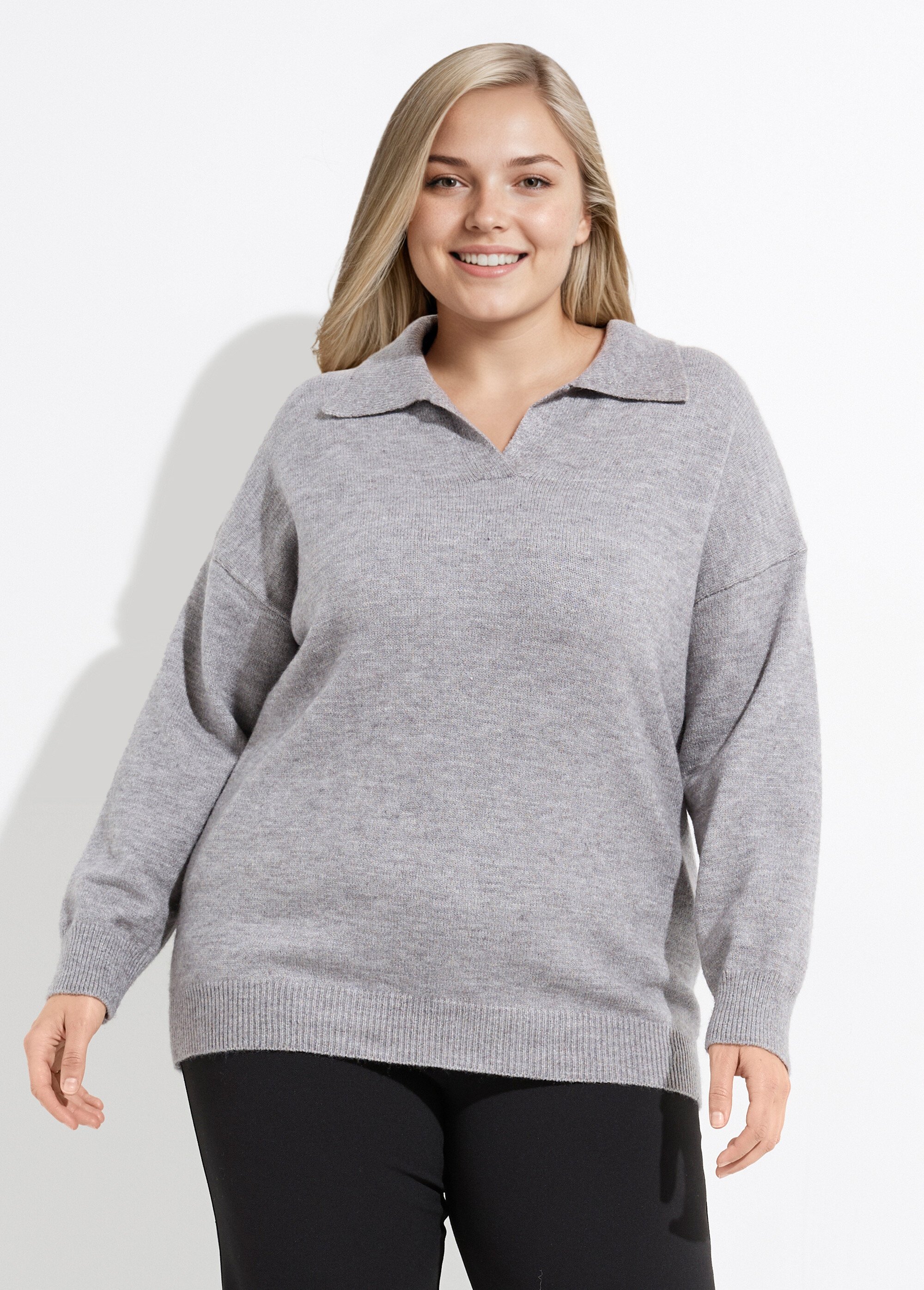 Pull en maille col polo, coupe confort Femme Grande Taille Gris CHY-H585387 FA1