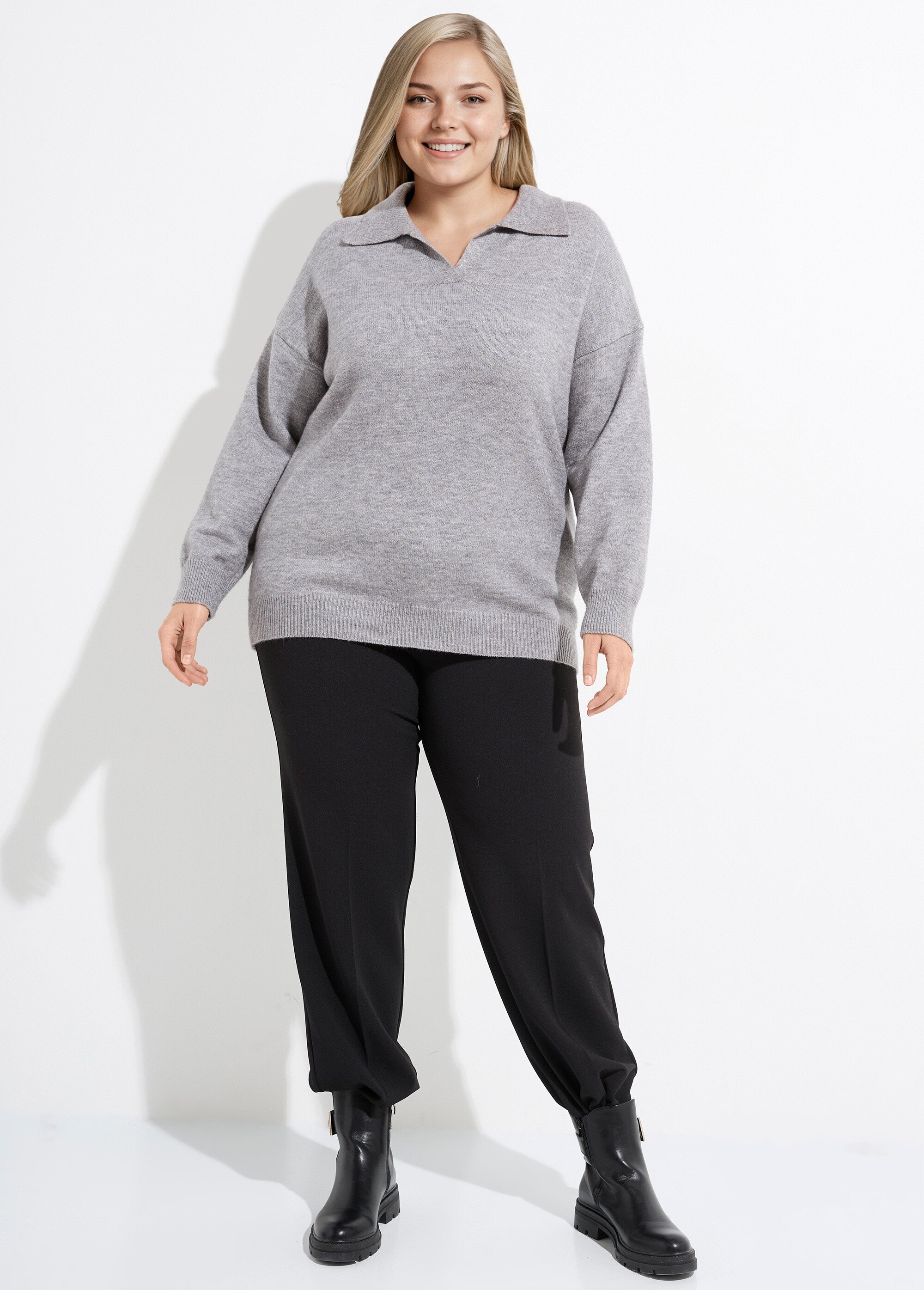 Pull en maille col polo, coupe confort Femme Grande Taille Gris CHY-H585387 SF1
