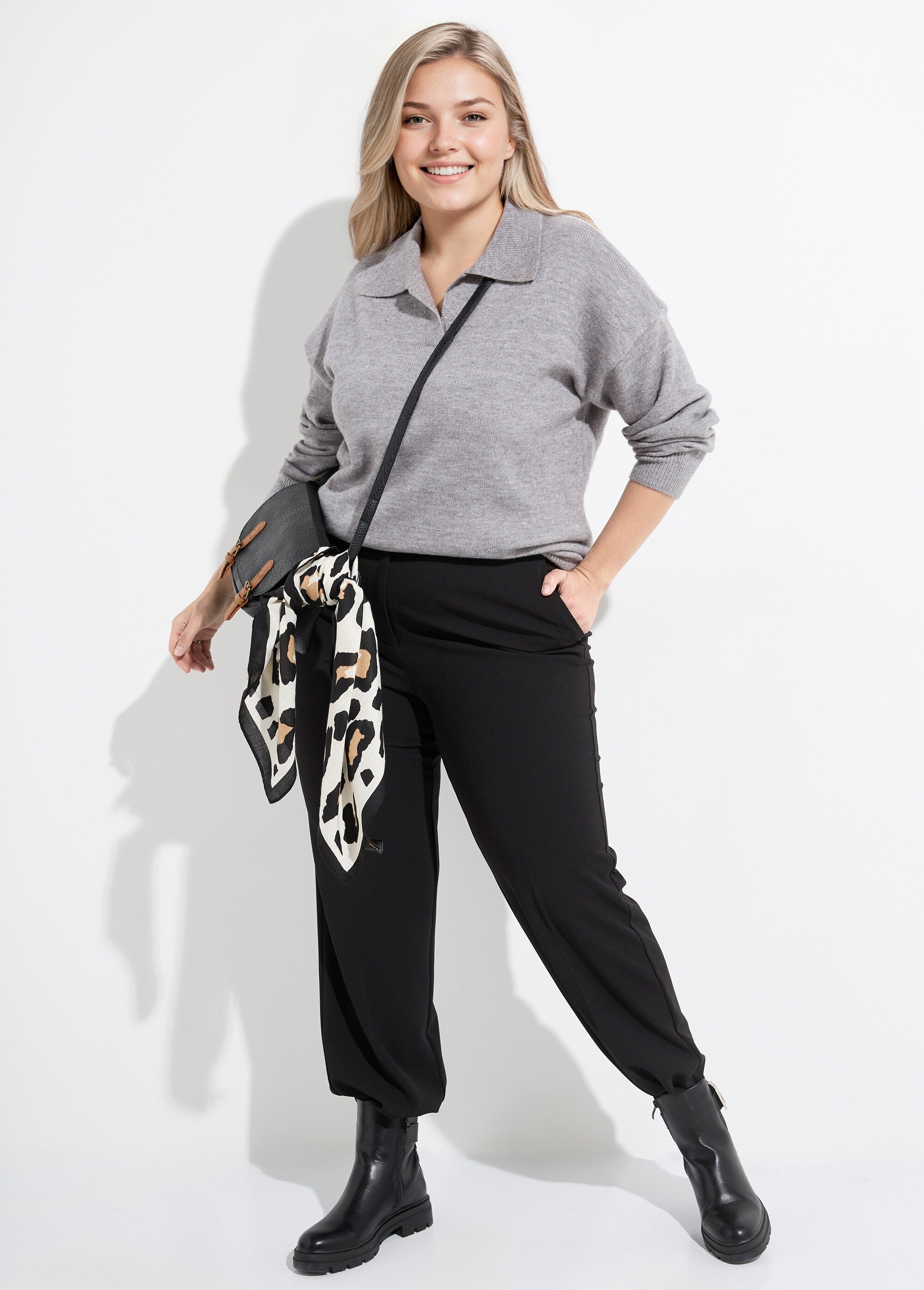 Pull en maille col polo, coupe confort Femme Grande Taille Gris CHY-H585387 SI1