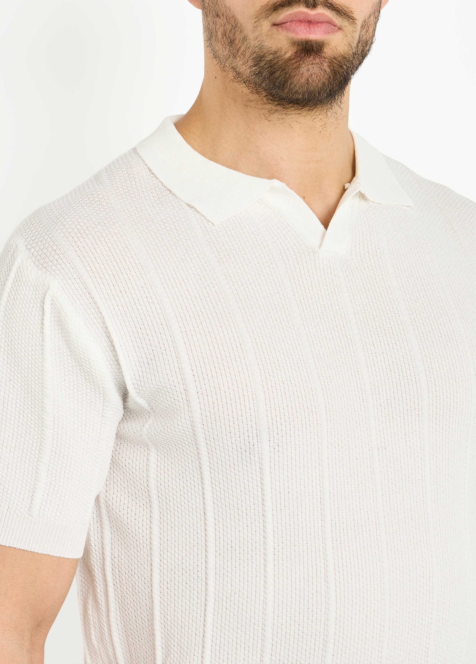 Pull fin en maille gaufrée avec col polo Blanc LYSJ6919 DE1