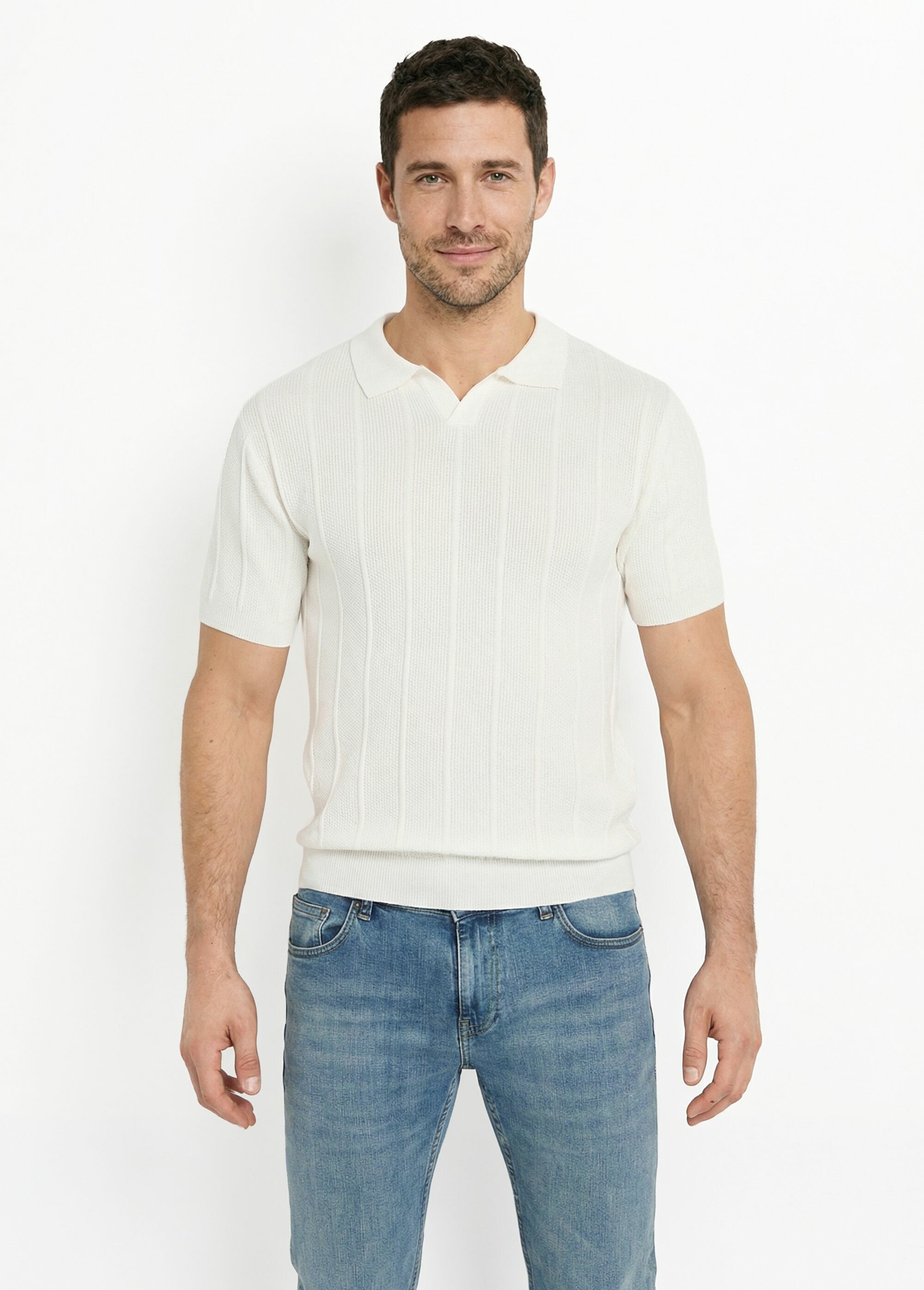 Pull fin en maille gaufrée avec col polo Blanc LYSJ6919 FA1