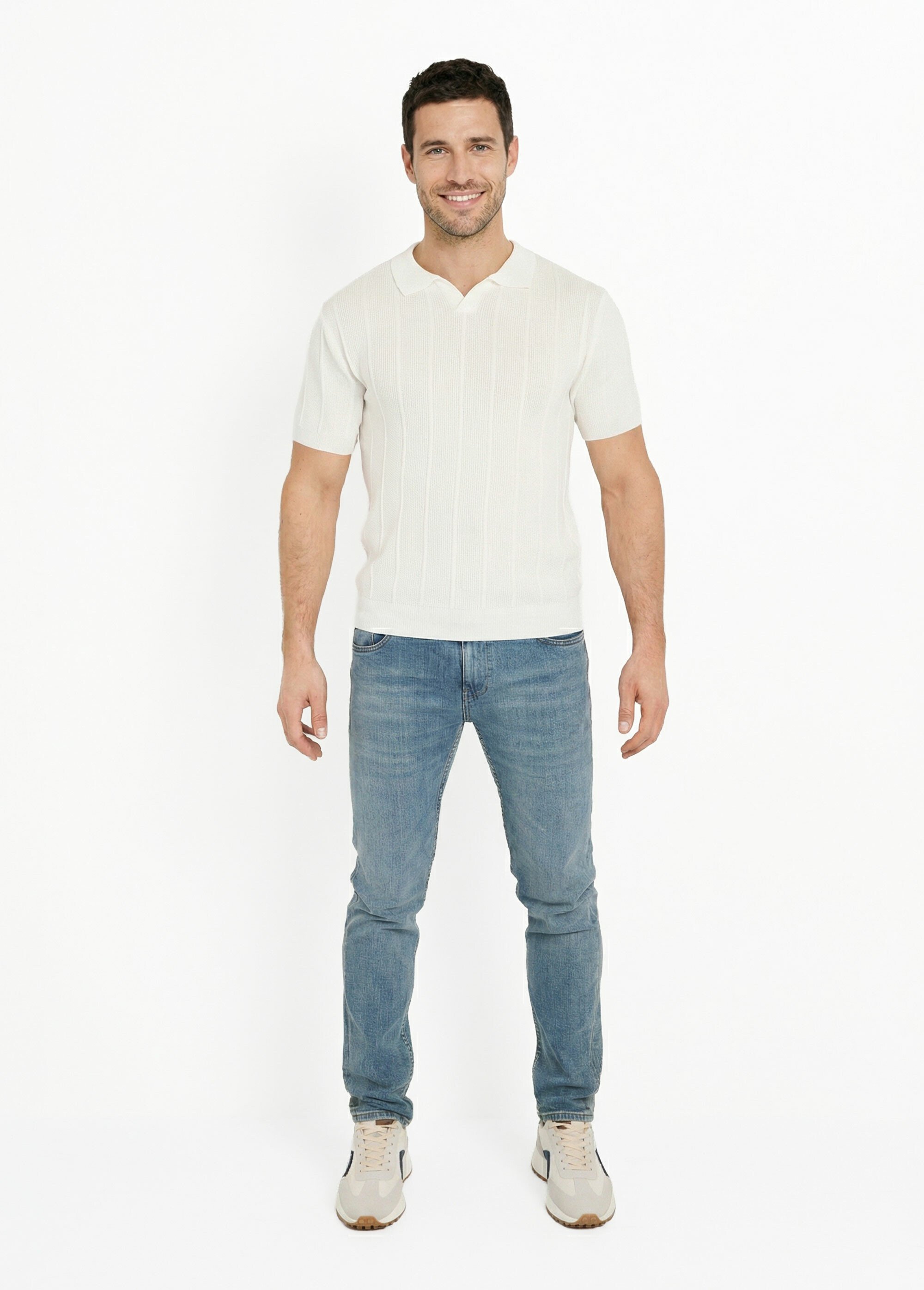 Pull fin en maille gaufrée avec col polo Blanc LYSJ6919 SF1