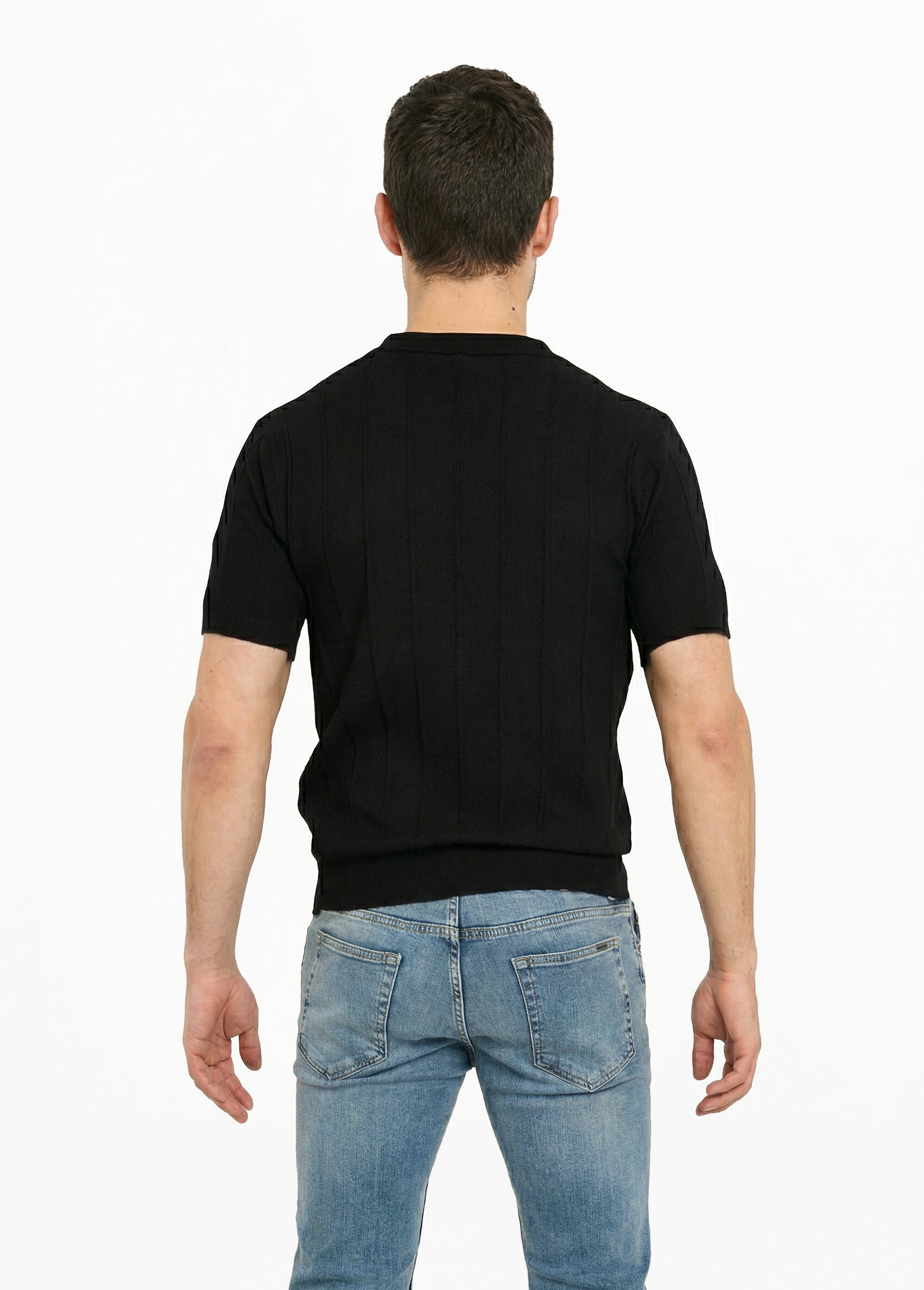 Pull fin en maille gaufrée avec col polo Noir LYSJ6919 DO1