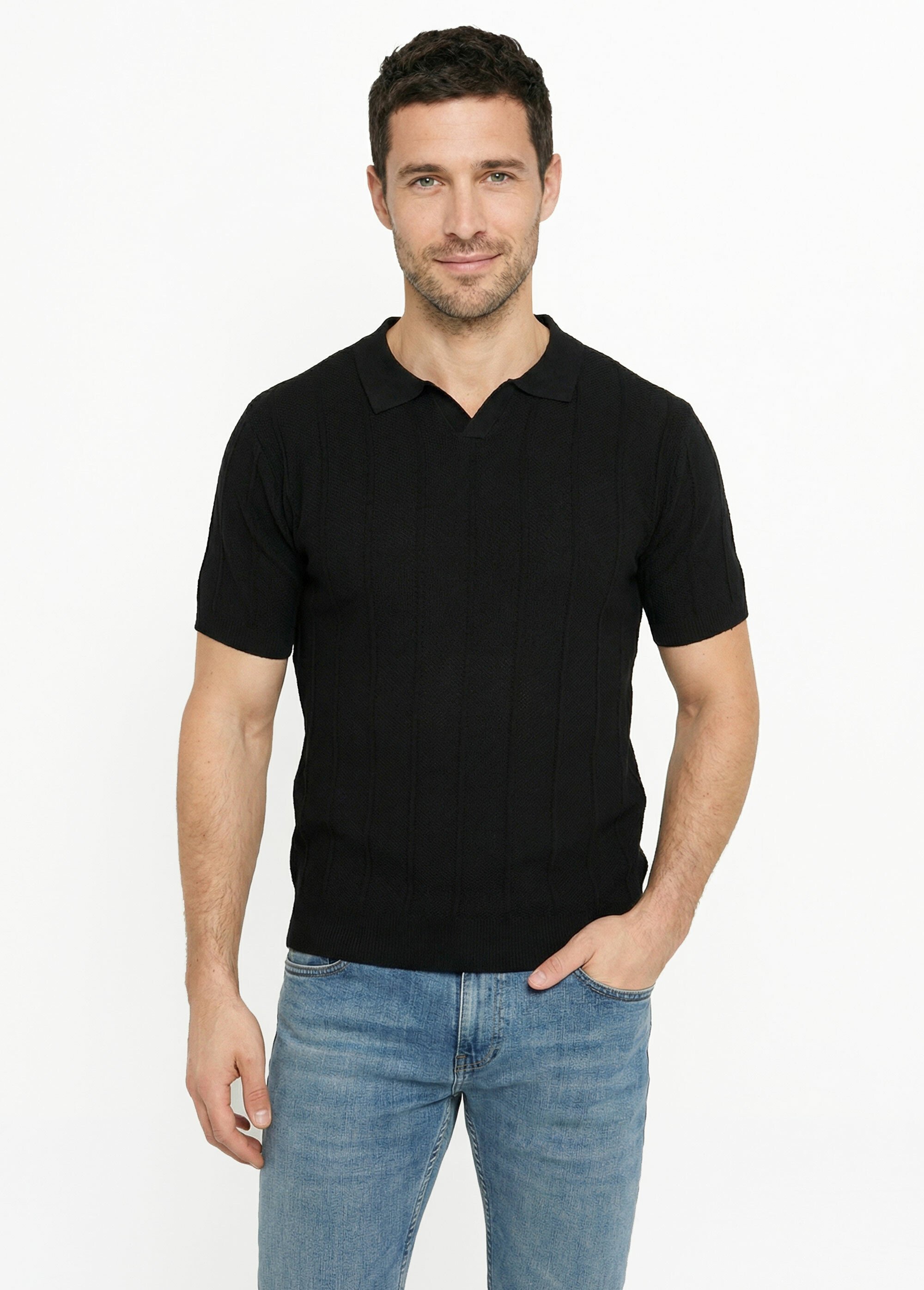 Pull fin en maille gaufrée avec col polo Noir LYSJ6919 FA1