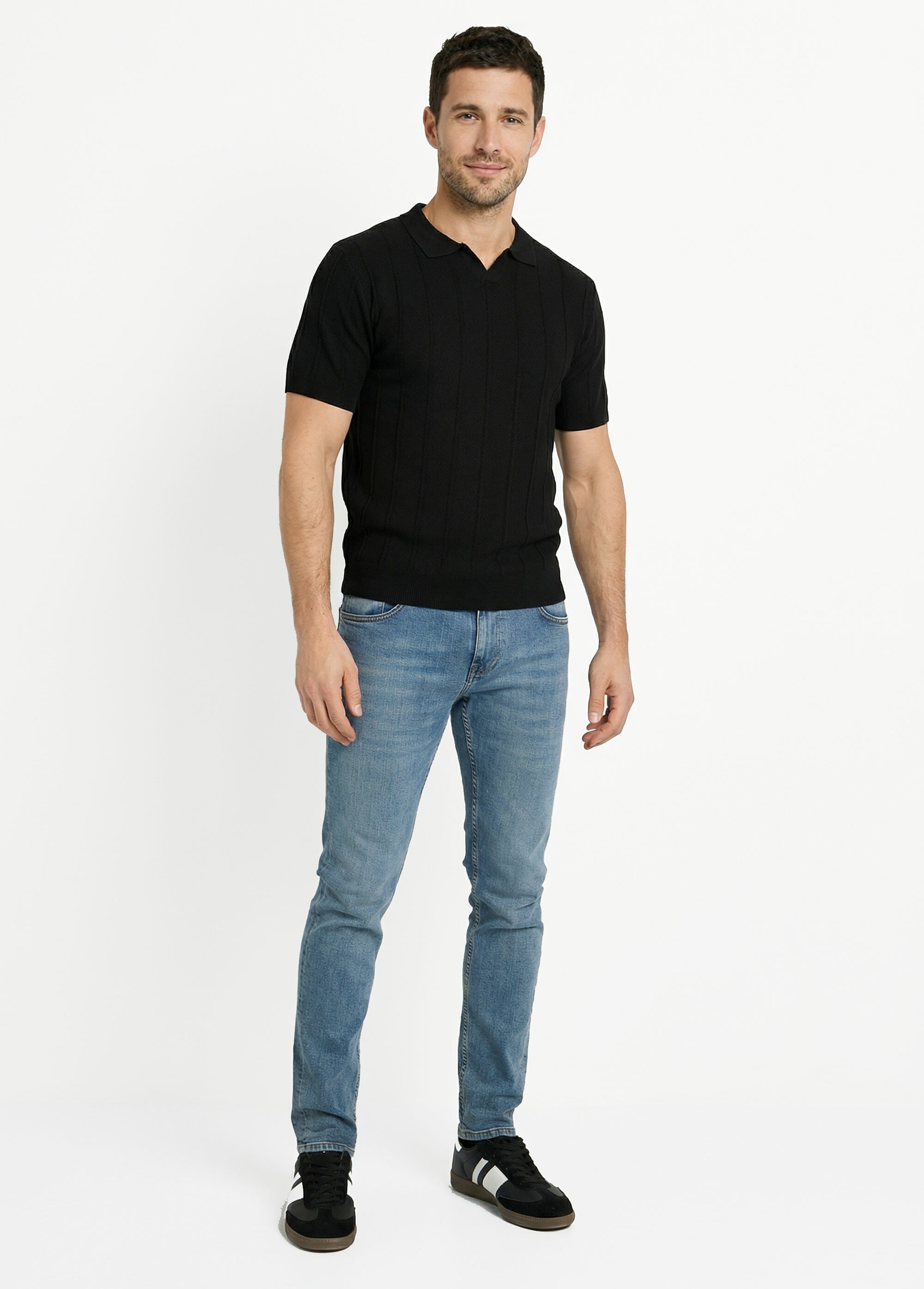 Pull fin en maille gaufrée avec col polo Noir LYSJ6919 SF1