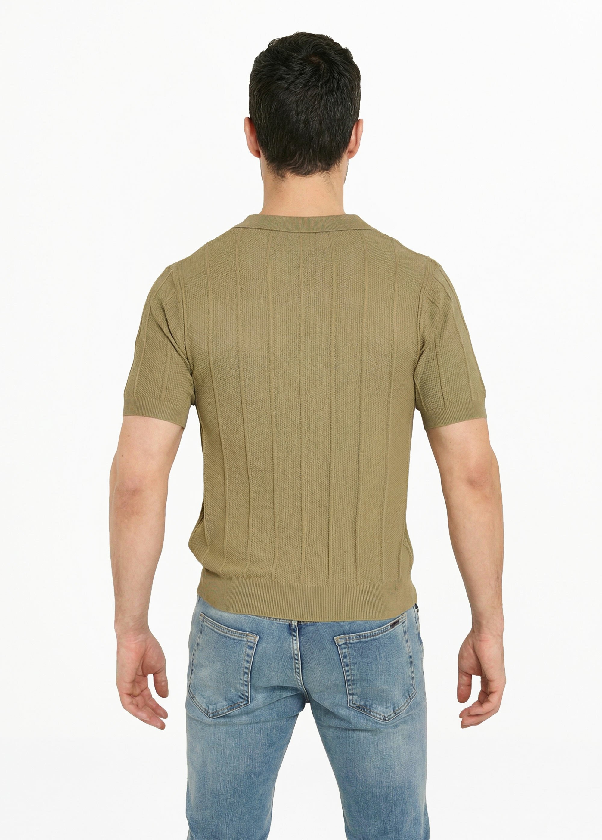 Pull fin en maille gaufrée avec col polo Vert LYSJ6919 DO1