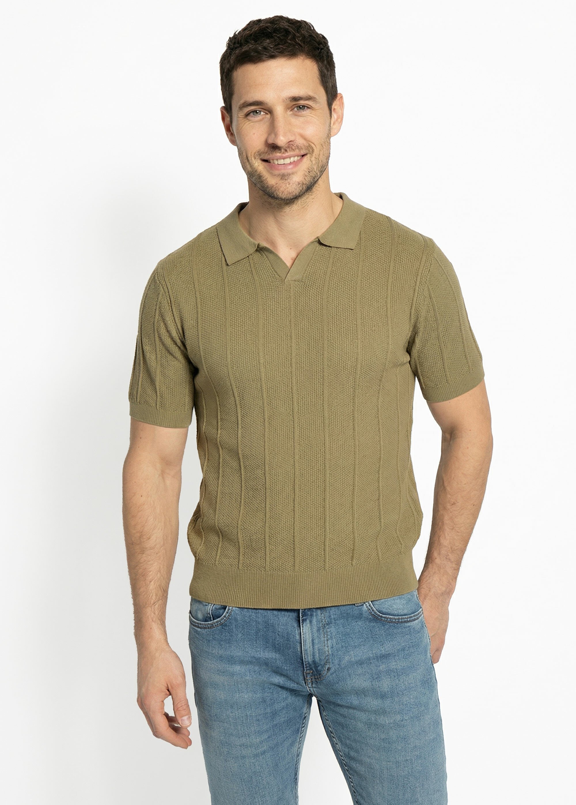 Pull fin en maille gaufrée avec col polo Vert LYSJ6919 FA1