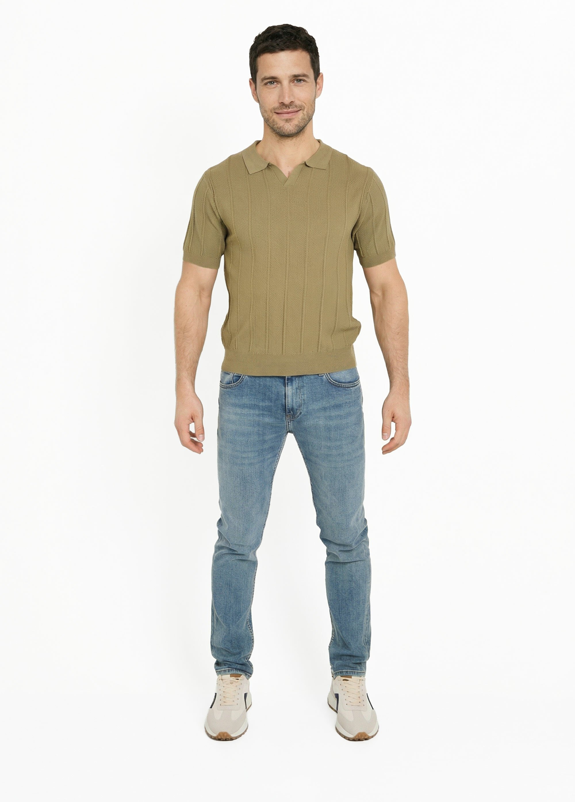 Pull fin en maille gaufrée avec col polo Vert LYSJ6919 SF1