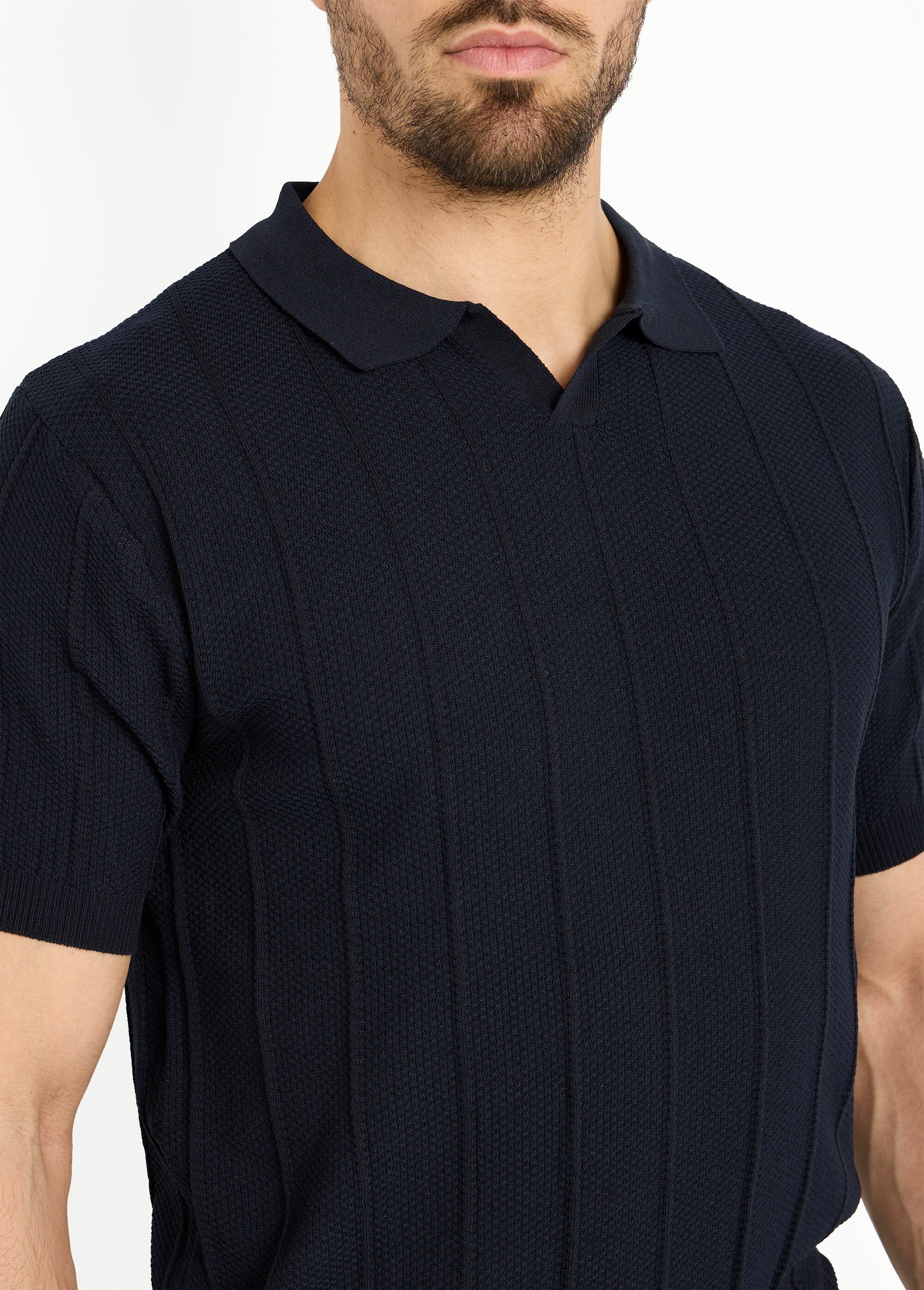 Pull fin en maille gaufrée avec col polo Bleu LYSJ6919 DE1