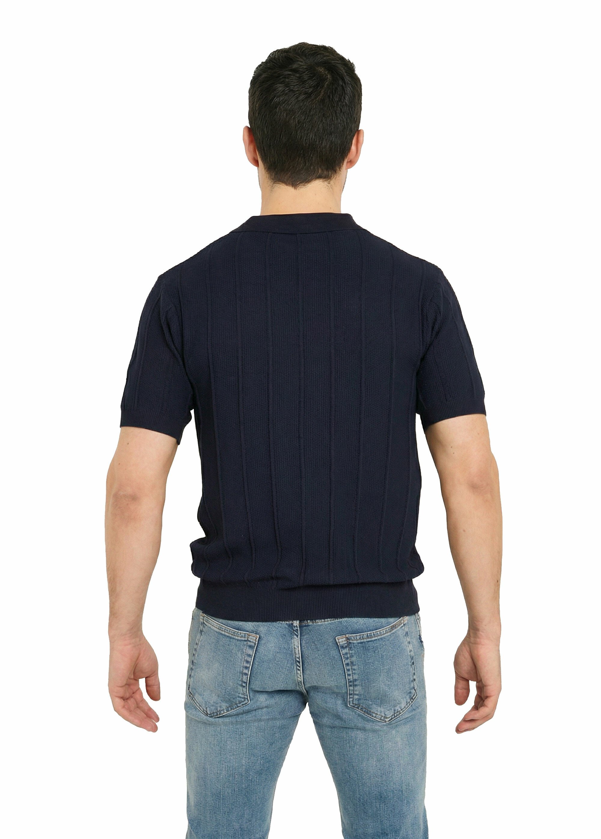 Pull fin en maille gaufrée avec col polo Bleu LYSJ6919 DO1