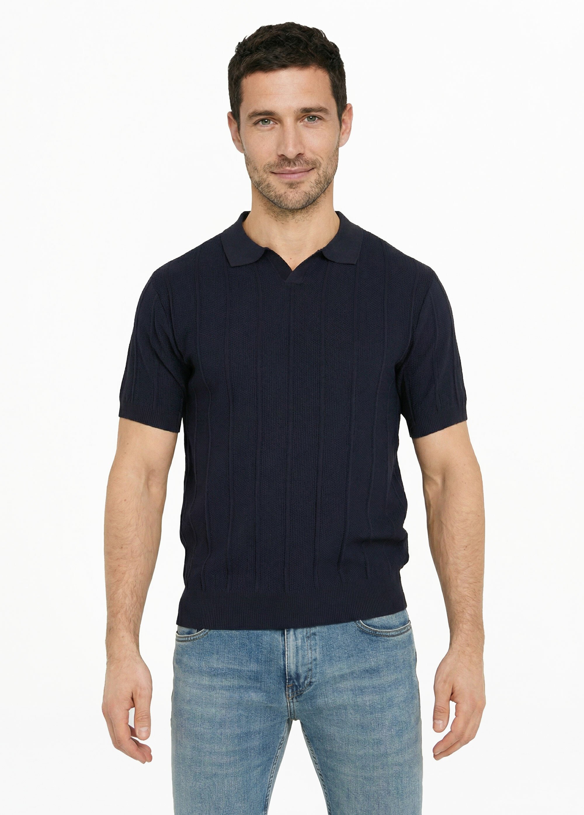 Pull fin en maille gaufrée avec col polo Bleu LYSJ6919 FA1