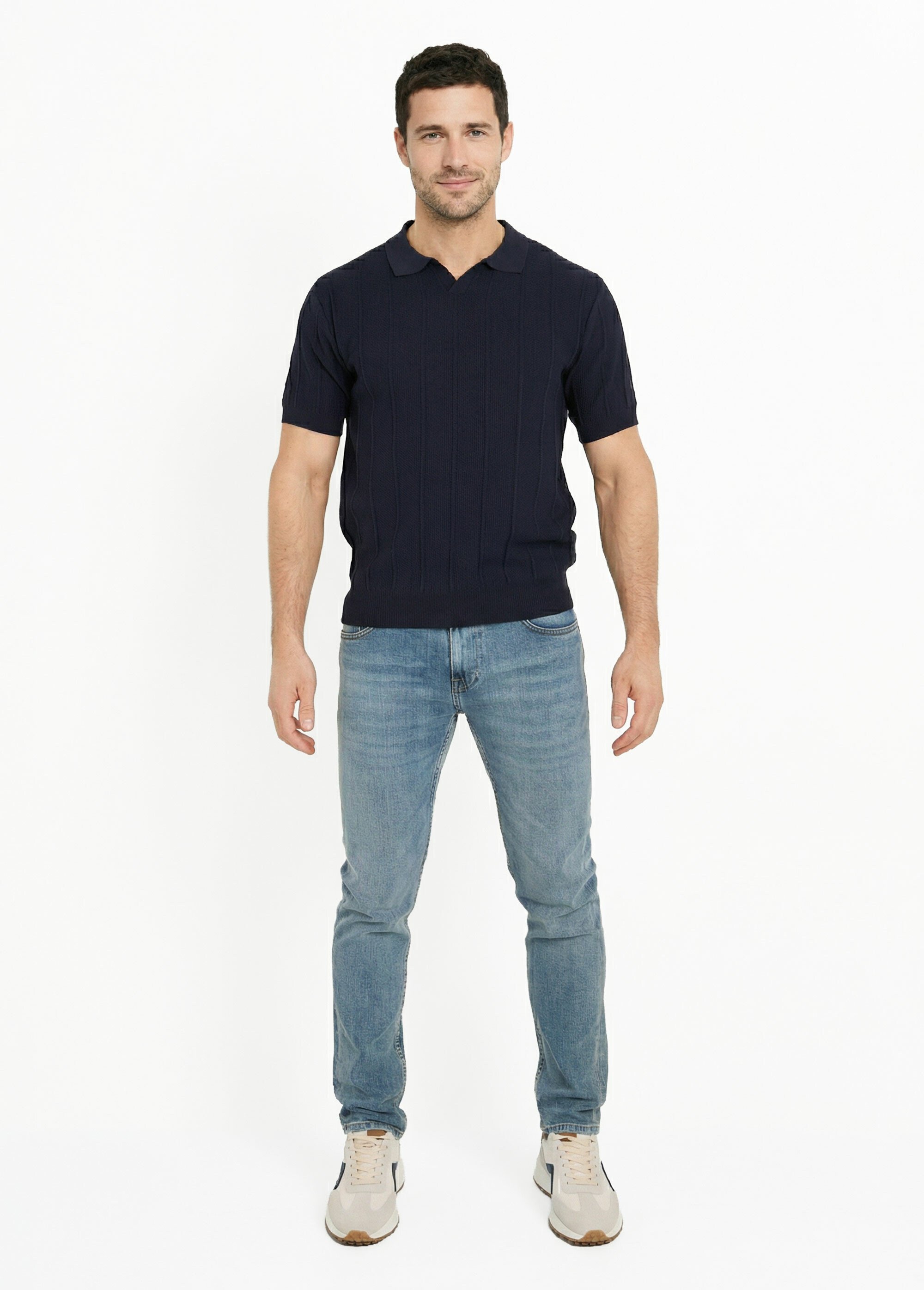 Pull fin en maille gaufrée avec col polo Bleu LYSJ6919 SF1