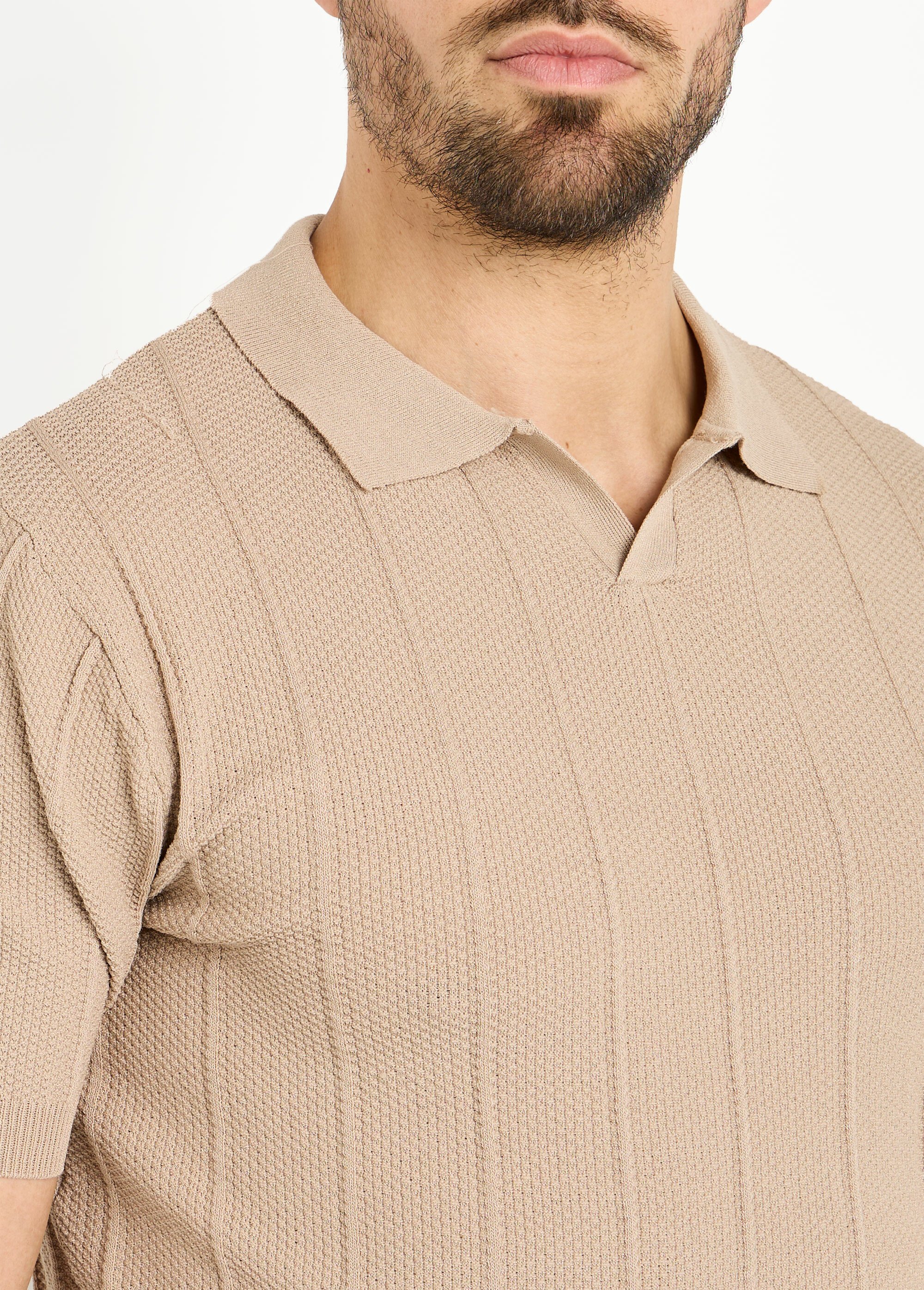 Pull fin en maille gaufrée avec col polo Marron LYSJ6919 DE1