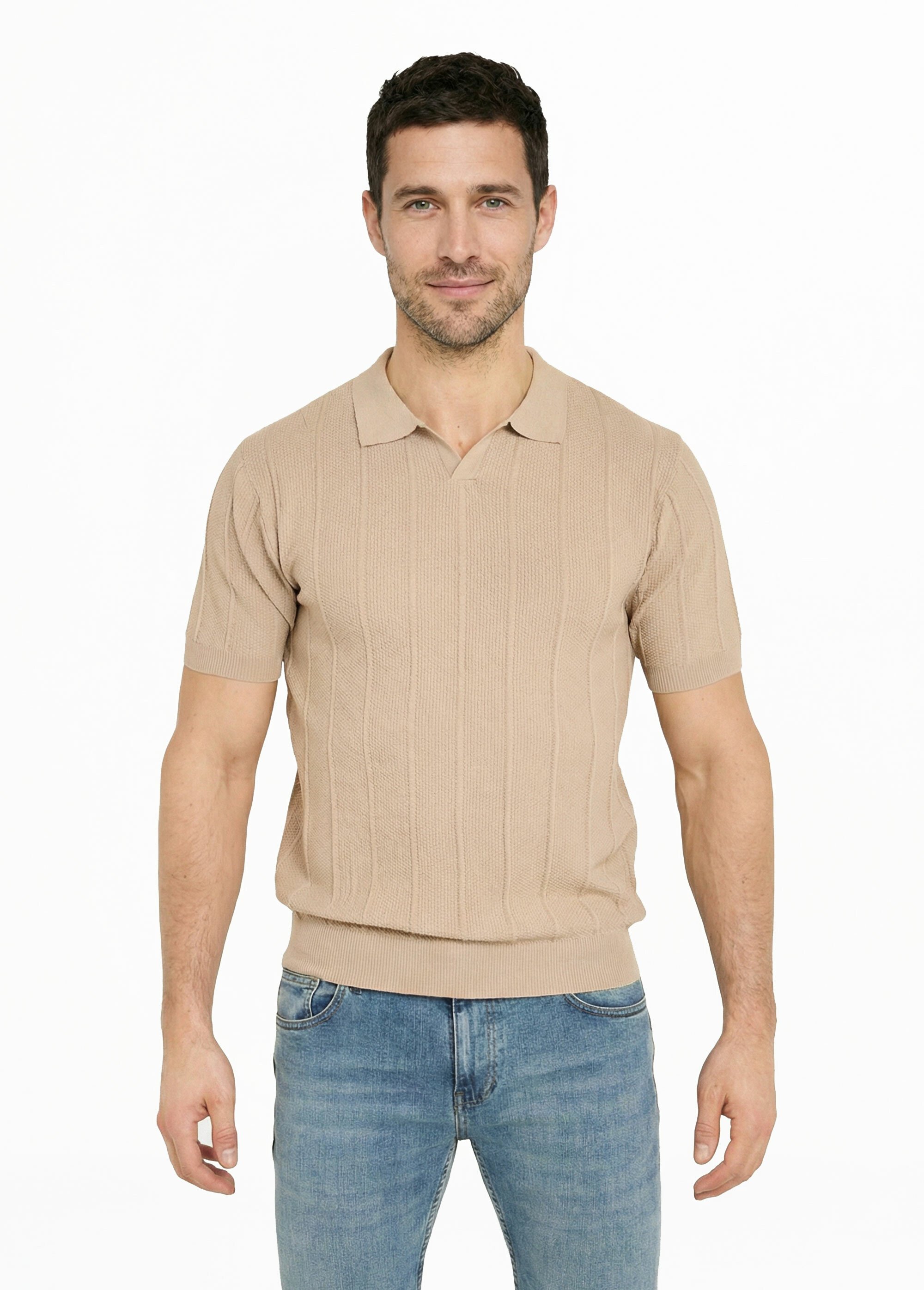 Pull fin en maille gaufrée avec col polo Marron LYSJ6919 FA1