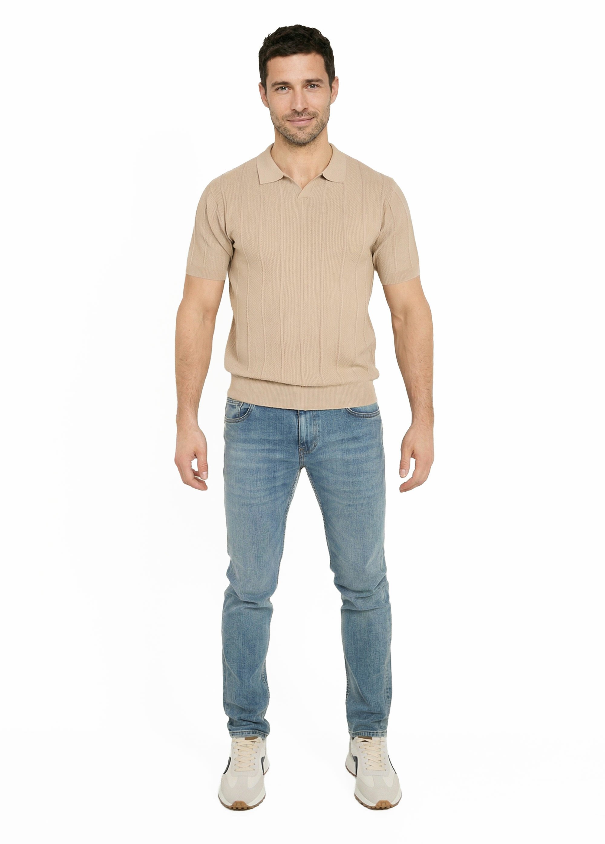 Pull fin en maille gaufrée avec col polo Marron LYSJ6919 SF1