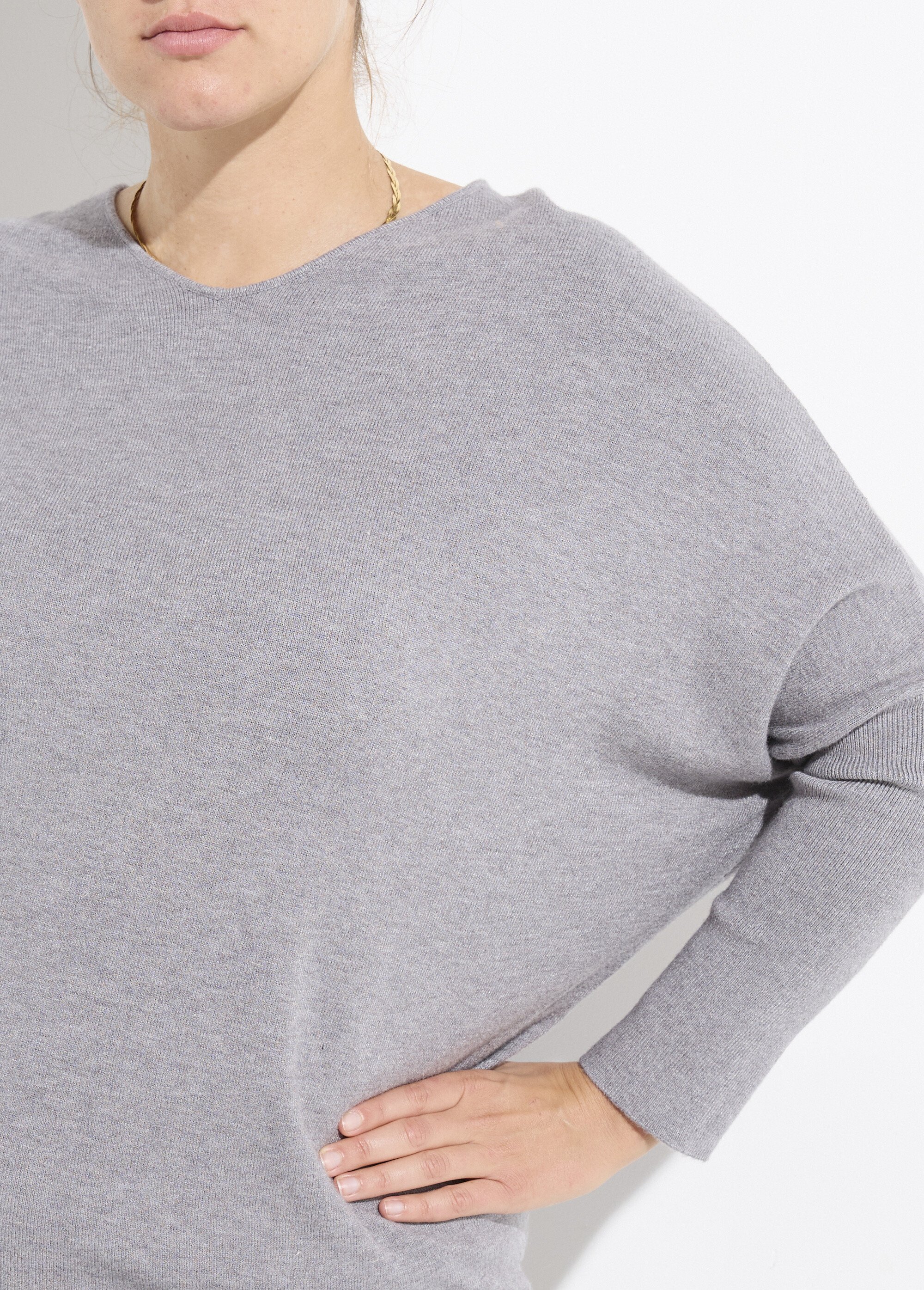 Pull maille fine jauge épaules descendues Femme Grande Taille Gris CHY-816 DE1