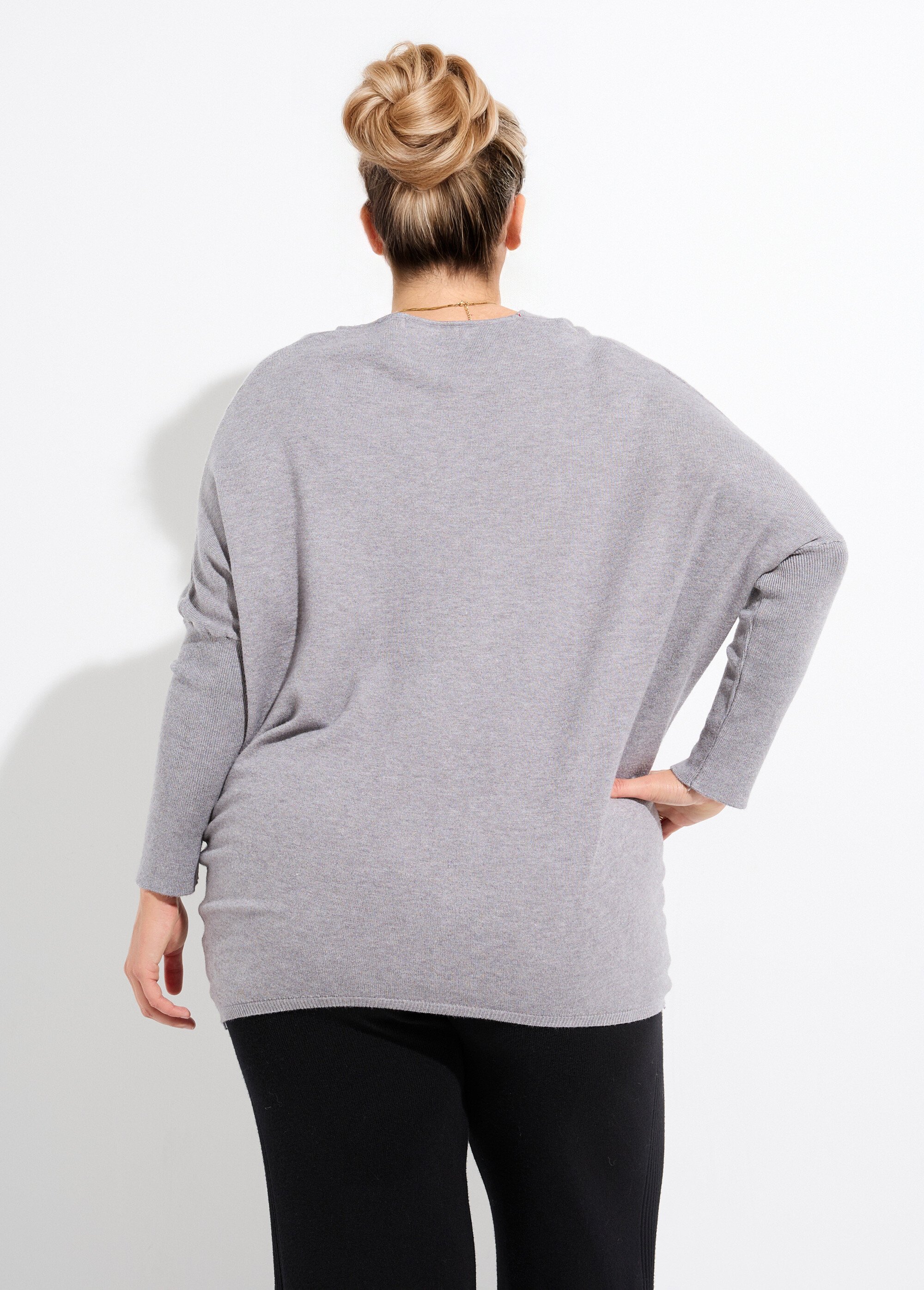 Pull maille fine jauge épaules descendues Femme Grande Taille Gris CHY-816 DO1