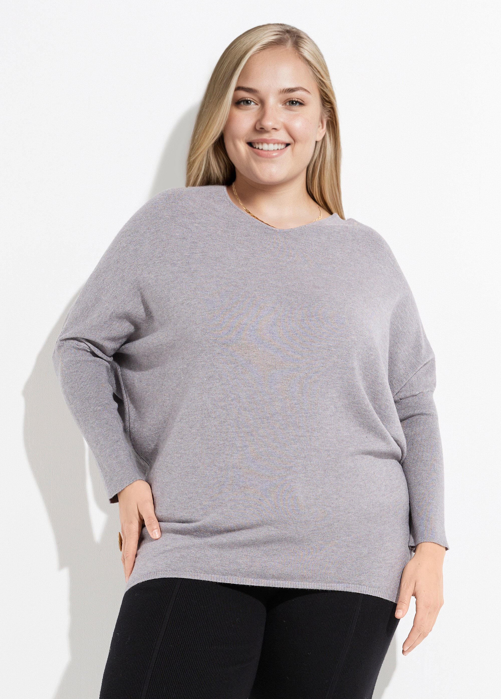 Pull maille fine jauge épaules descendues Femme Grande Taille Gris CHY-816 FA1
