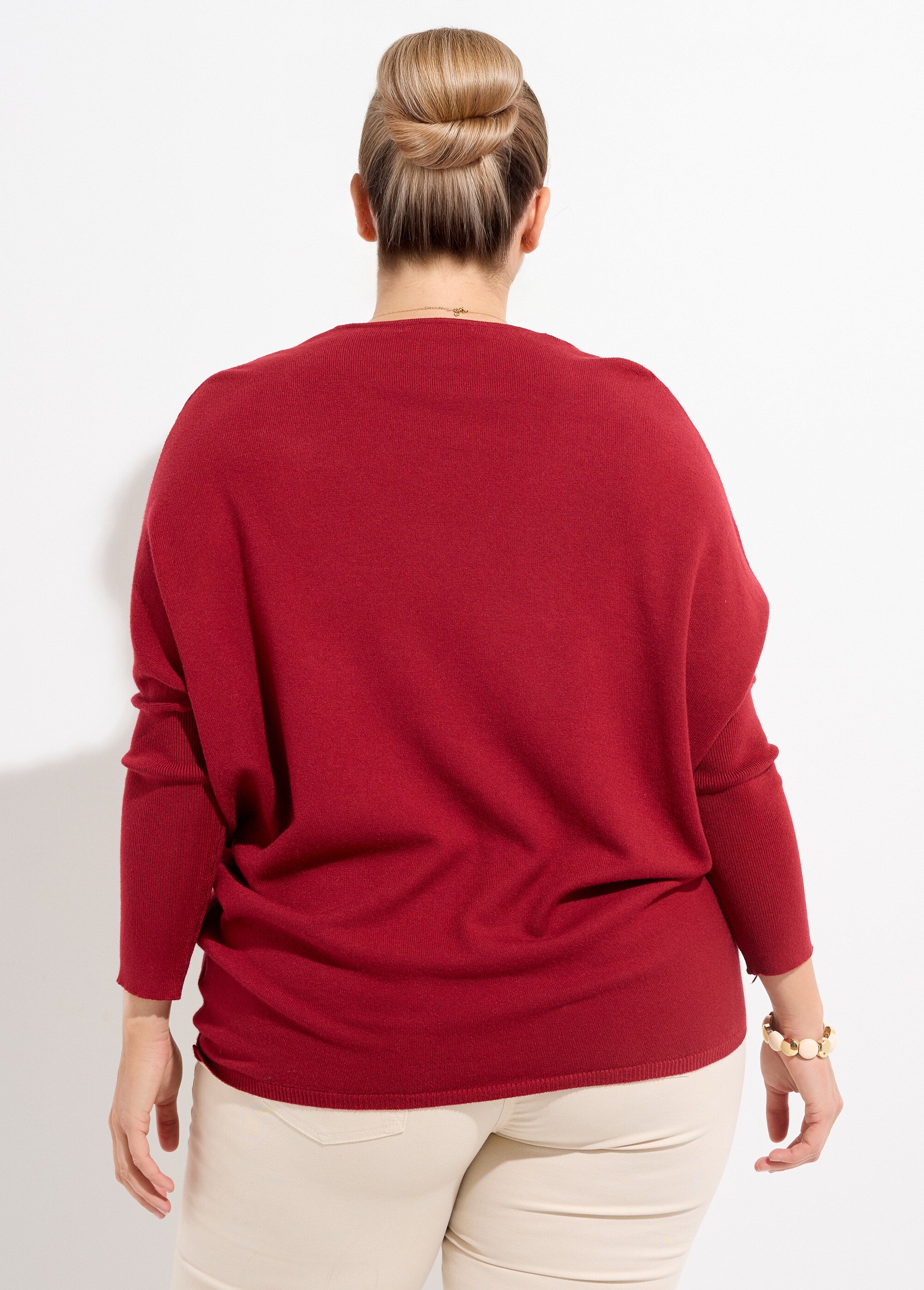 Pull maille fine jauge épaules descendues Femme Grande Taille Rouge CHY-816 DO1